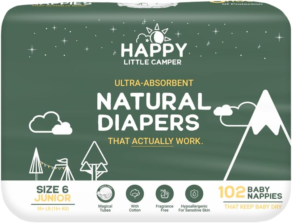 Happy Little Camper Natural Disposable Baby Diapers, Gentle on Skin, Ultra-Absorbent, Hypoallergenic, Chlorine Free, Safe for Sensitive Skin, Fragrance Free, Junior, Diapers Size 6, 102 Count