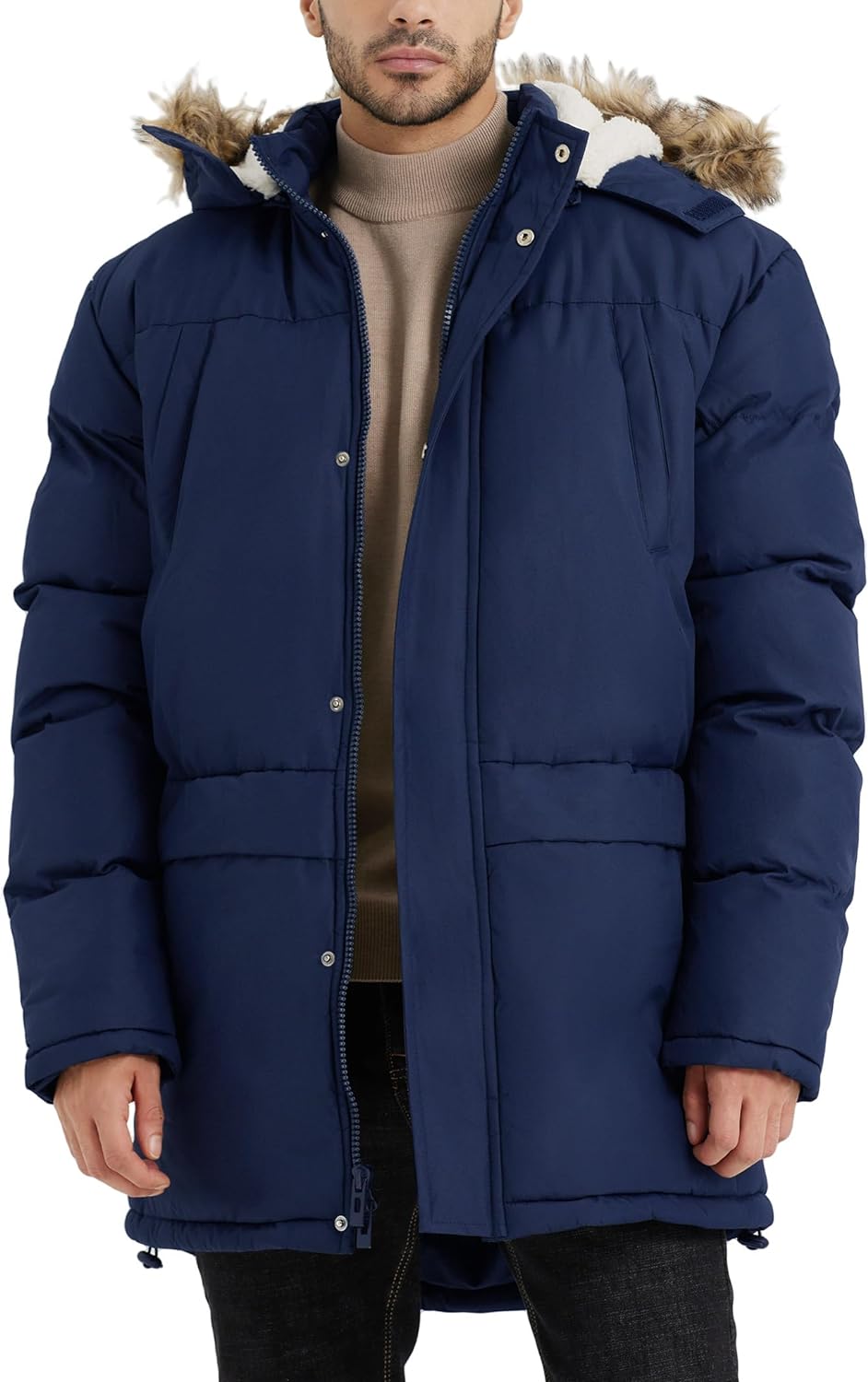 VOPOKER Men's Long Winter Warm Coats Insulated Fleece Parka Jacket Windproof Padded Puffy Coat with Removable Fur Hood