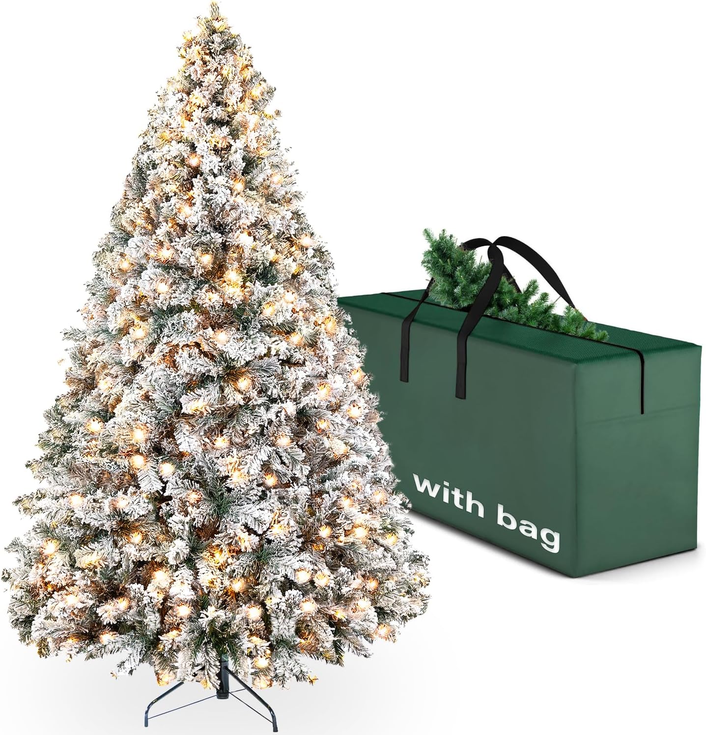 YouMedi 6.5ft Snow Flocked Artificial Christmas Pine Tree, Pre-Lit Artificial Christmas Tree with Warm White Lights for Home, Party Decoration, Metal Hinges & Base
