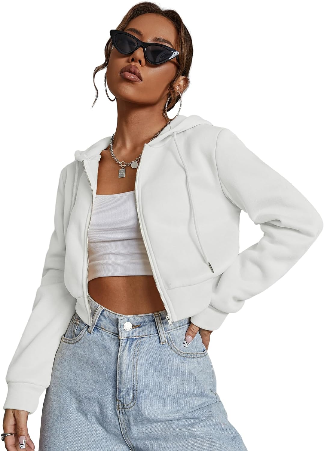 Floerns Women's Casual Long Sleeve Zip Up Cropped Hoodie Sweatshirts