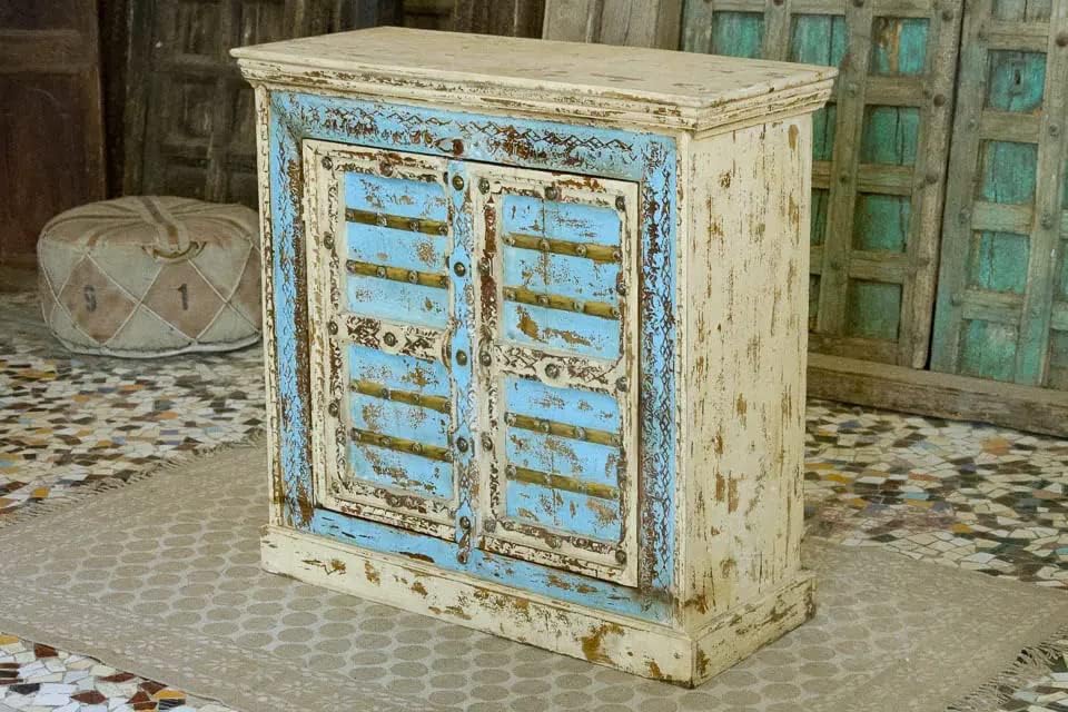Antique Indian Brass Work Hand Carved Solid Wooden Cabinet Whitewash/Blue, Cabinet Storage Units Indian Solid Wood,Living Room Bedroom Furniture,Modern Cabinet