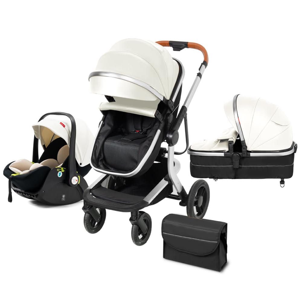 SteAnny Baby Stroller Foldable Toddler Pram Baby Carriage Combo Newborn Basket (White)
