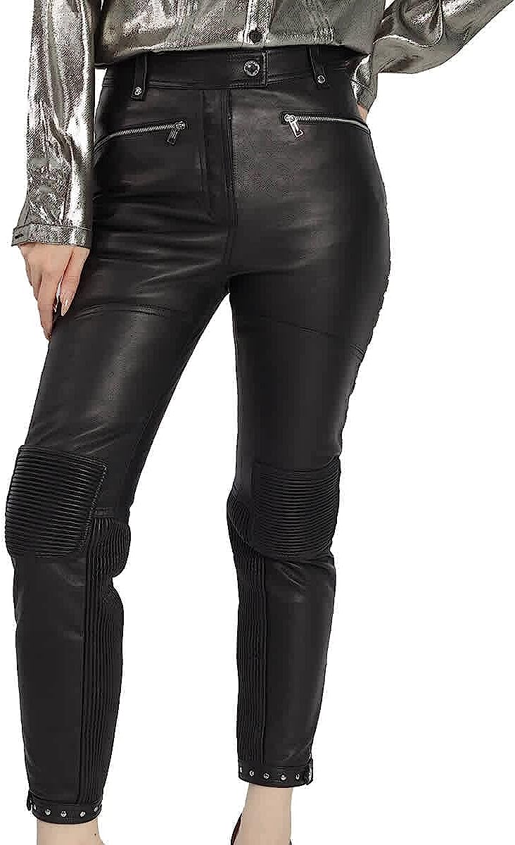 BURBERRY Black Studded Leather Trousers With Zip-detail, Brand Size 4 (US Size 2)