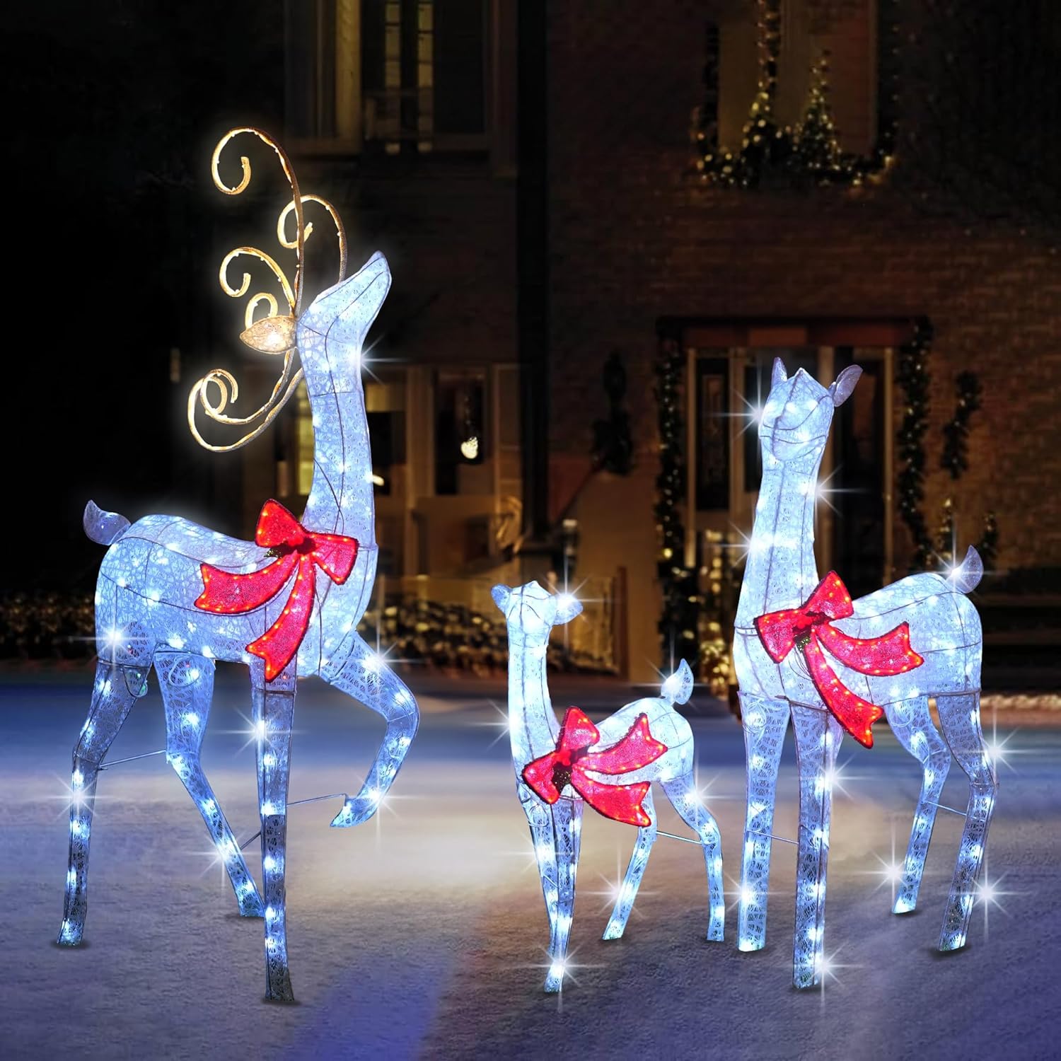 Hourleey Outdoor Christmas Decorations, 3-Piece Large Reindeer?Family 3D Lighted Xmas 459LED Waterproof Decor for Indoor Outdoor Garden Yard Lawn Holiday Party
