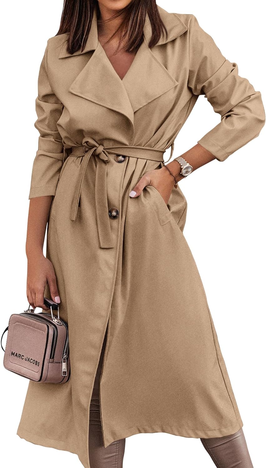 KIRUNDO Women's Trench Coat Long Double-Breasted Fall Fashion 2026 Classic Lapel Slim Overcoat Outerwear With Belt