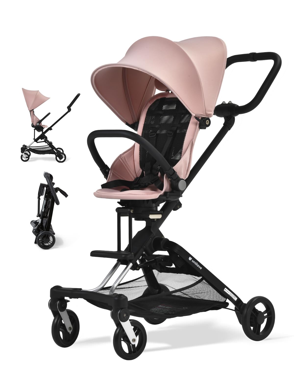 Unilove On The Go 3-in-1 Lightweight Travel Stroller with Reversible Toddler Seat - Travel Stroller for Toddlers Aged 1-3 - Compact Baby Stroller for Travel - Foldable, Sturdy, Safe - Powder Pink