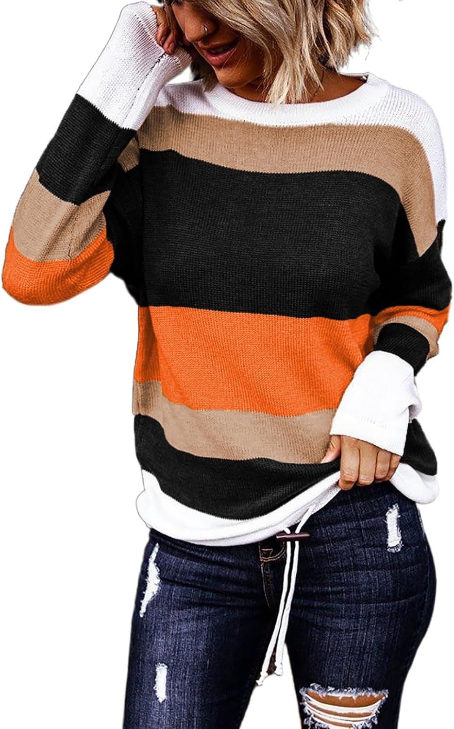 Dokotoo Fall Sweaters Round Neck Striped Cute Winter Pullover Sweaters for Women Trendy 2026 Drawstring