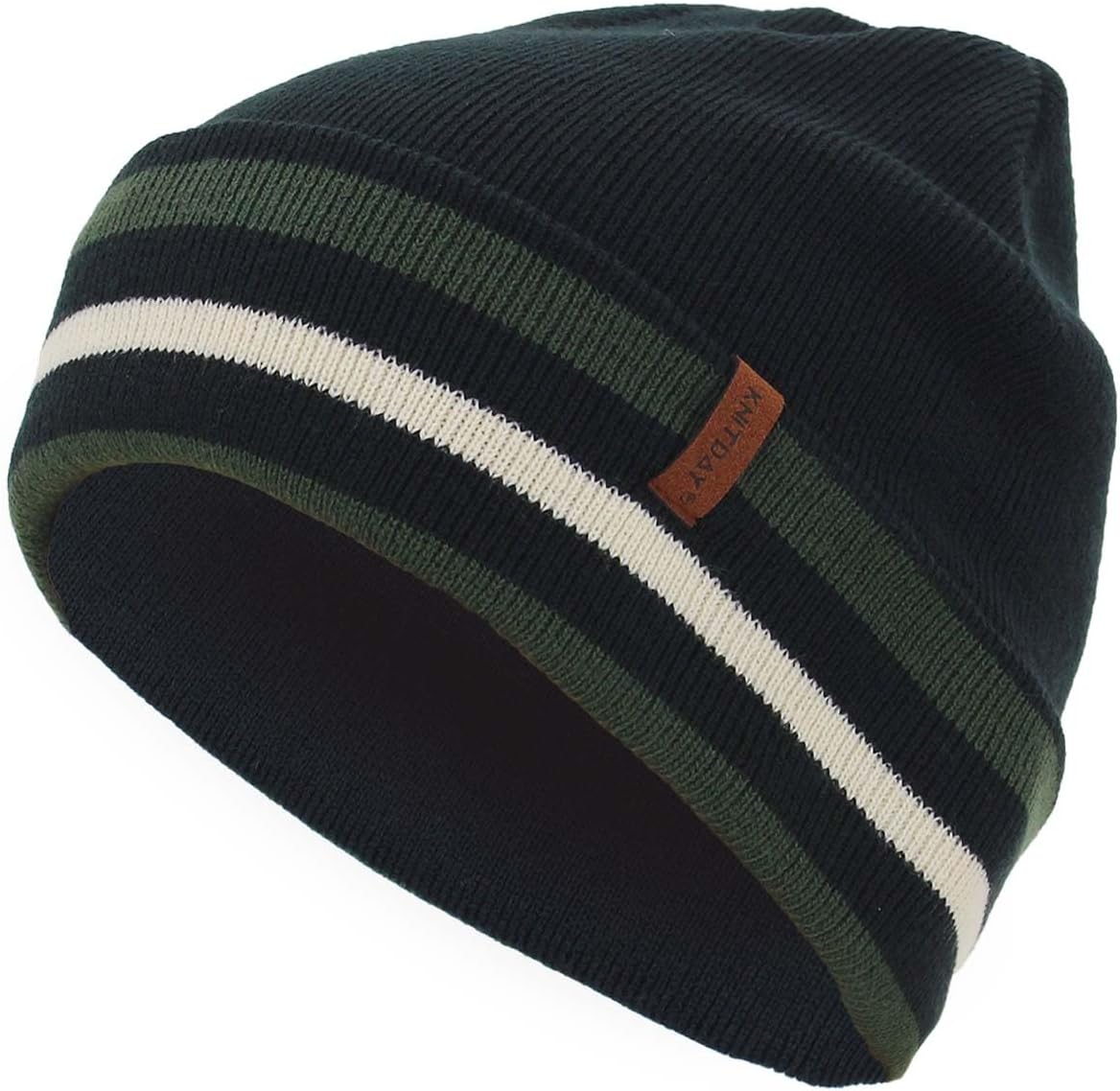 KNITDAY Men's Black Cuffed Running Golf Beanie Winter Hat for Men, Knitted Stripes Headband Pattern Cuff Beenie Skull Cap