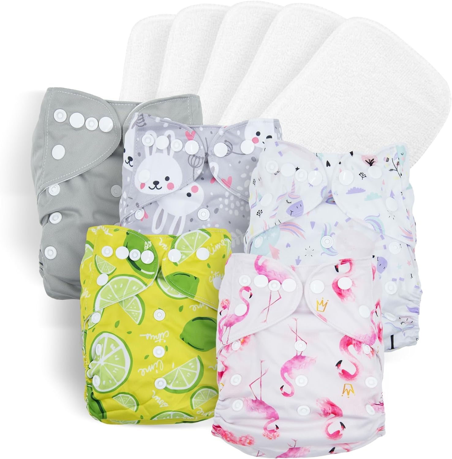 Baby Cloth Nappies Babies 10 Pack Washable Nappies Diapers 5 Cloth Diapers & 5 Reusable Nappies Inserts Adjustable Super Absorbent Pocket Nappy Infants (Gray Unicorn Flamingo Rabbit Lemon)