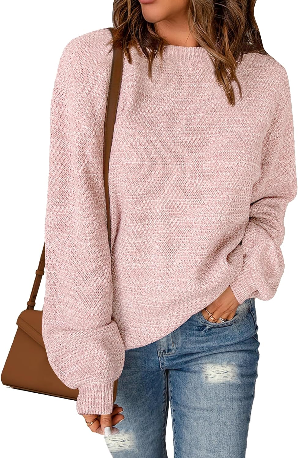 Sucolan Oversized Sweaters for Women Heathered Long Sleeve Crew Neck Pullover Knit Sweater Casual Fall Tops 2026 Fashion