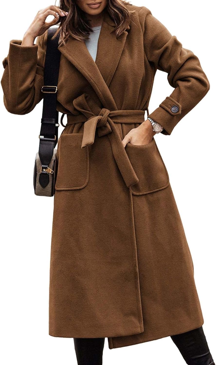 Yousify Womens Coat Notched Lapel Pea Coat Long Sleeve Peacoat Casual Fall Winter Long Overcoat with Belt