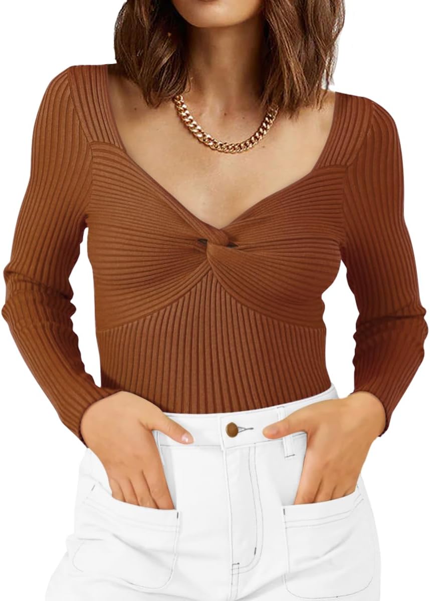 LILLUSORY Women's 2026 Fall Sexy Twist Knot Top Ribbed Knit T Shirts Tops Cute Sweater Long Sleeve Tee Shirt Blouse