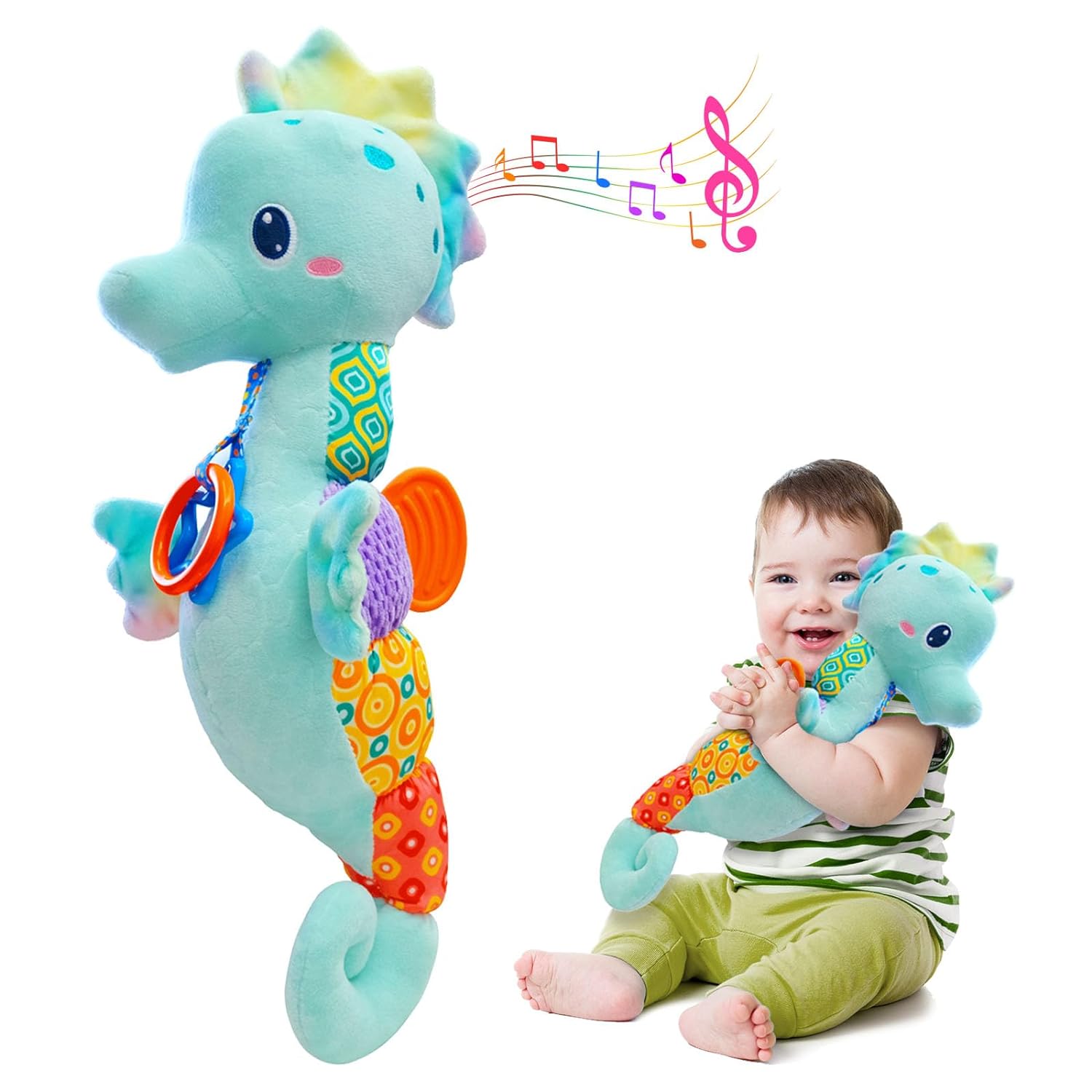 Fuzqq Baby Toys 0-6 Months,Infant Musical Stuffed Animals Soft Toy with Bright Colors,Crinkle Sound Paper, Multi-Textures & Rattles,Baby Newborn Toys for 0 3 6 9 12 Months Boy/Girls Gift(Seahorse)