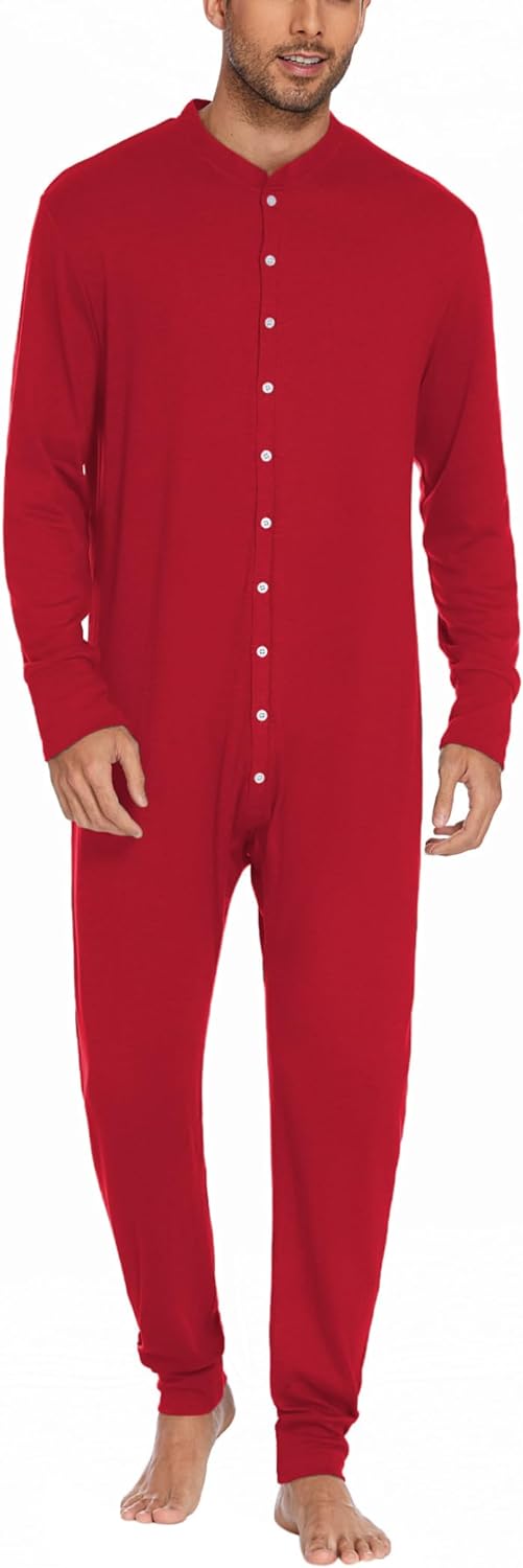 Ekouaer Men's Thermal Union Suit Button Down Onesies Long Sleeve One Piece Pajama with Button Flap S-XXL
