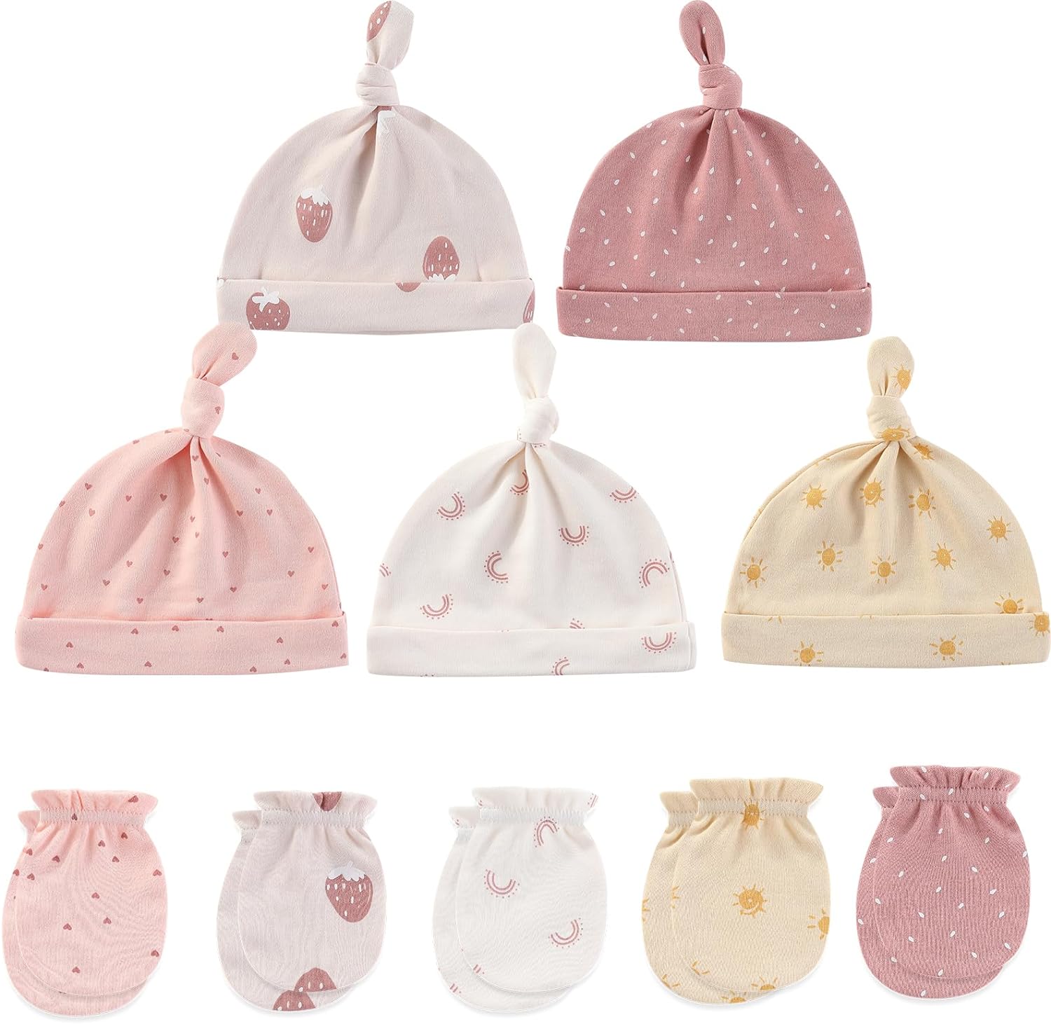 MAMIMAKA Baby Hat and Mittens Set Newborn Baby Hats Caps for Baby Boys Girls 0-6 Months 100% Cotton
