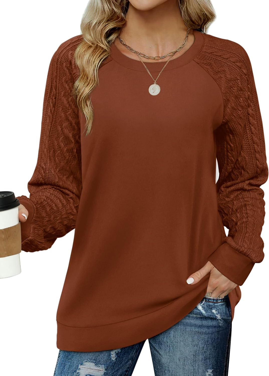 Saloogoe Sweatshirts for Women Crewneck Cable Knit Sleeve Sweaters Lightweight Fashion