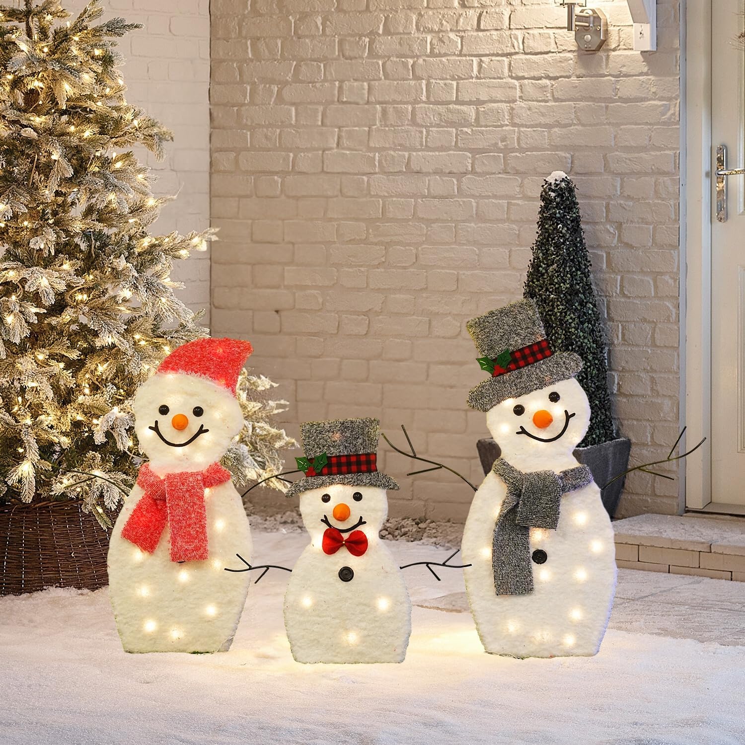 Dazzle Bright?Snowman Christmas Decorations, 3-Piece Light Up 2D Snowman Family, 60 L Snowman Waterproof for Indoor or Outdoor Garden Yard Lawn Holiday Party Decor (Plush)