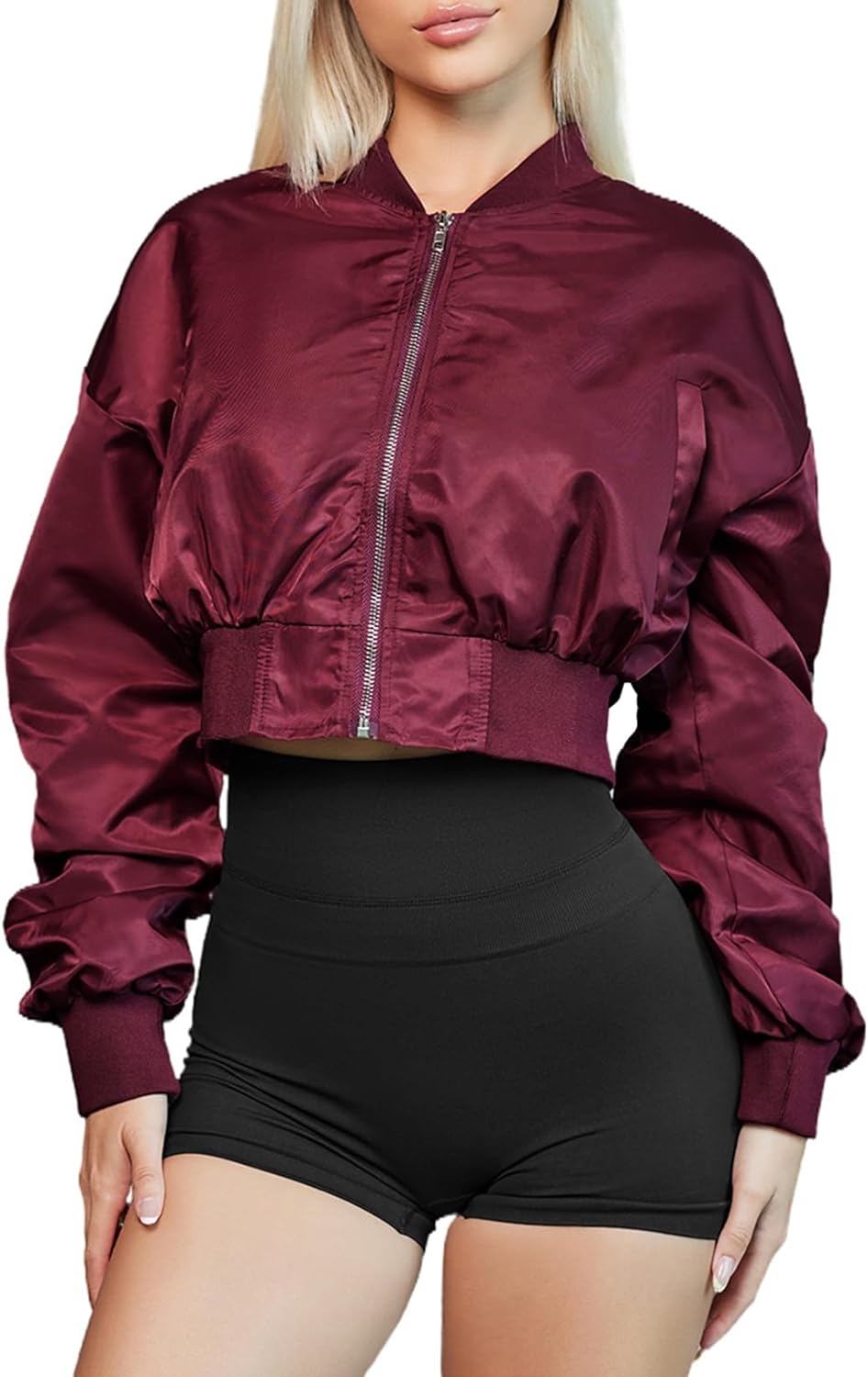 Allytok Womens Zip Up Cropped Bomber Jacket Y2K Trendy Crop Jackets with Pockets