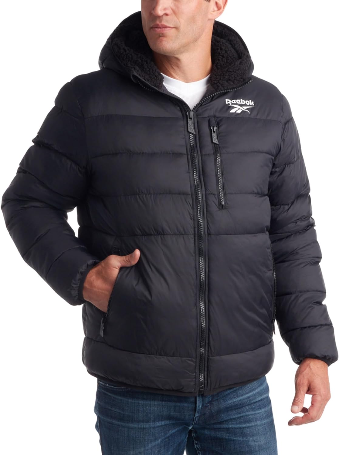 Reebok Men's Winter Jacket - Heavyweight Quilted Puffer Parka Coat - Ski Jacket for Men, Sherpa Lined Hood (S-XL)