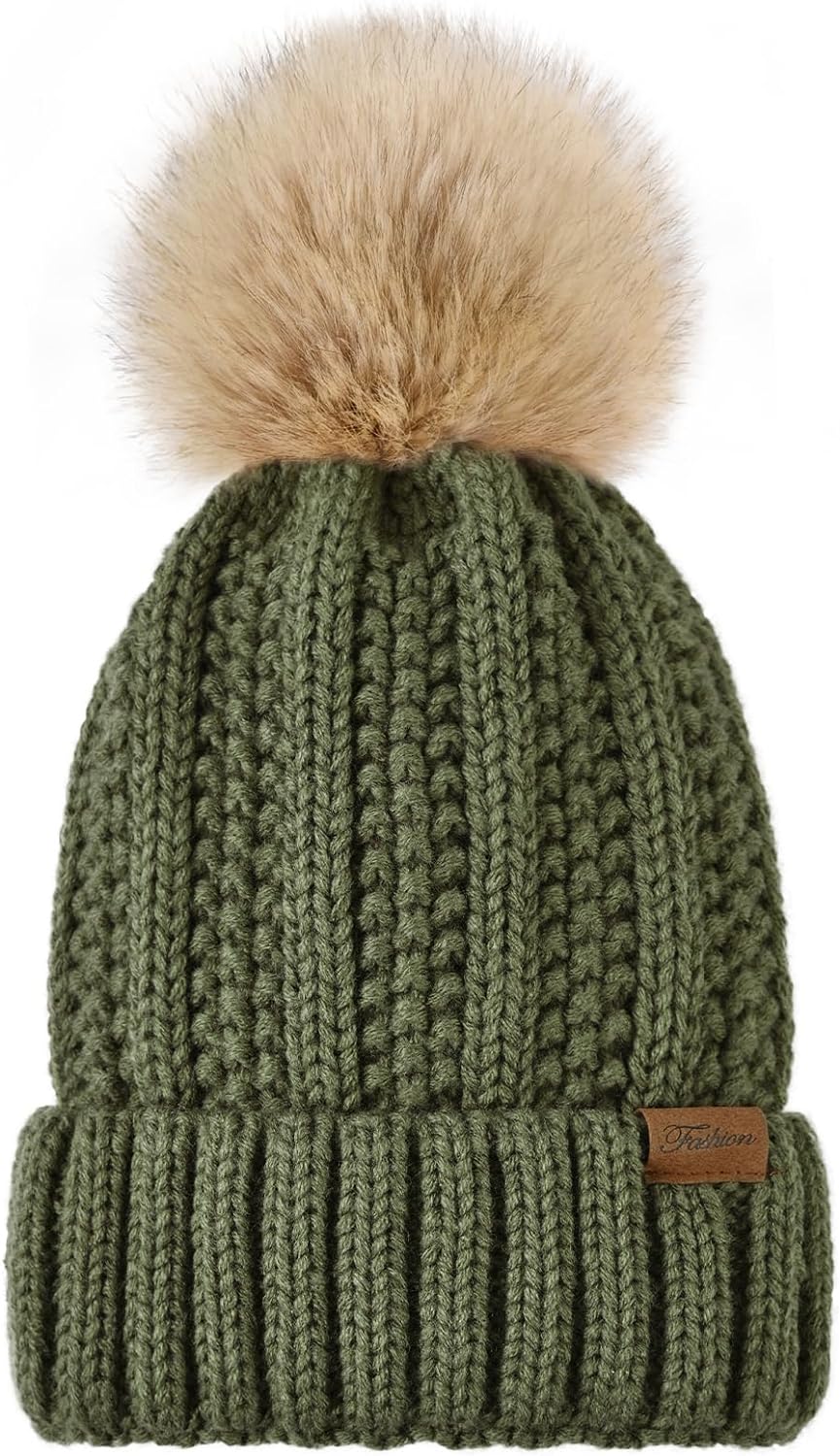 Pleneal Womens Winter Knit Beanie Hat with Faux Fur, Warm Skull Cap Beanies for Women Black