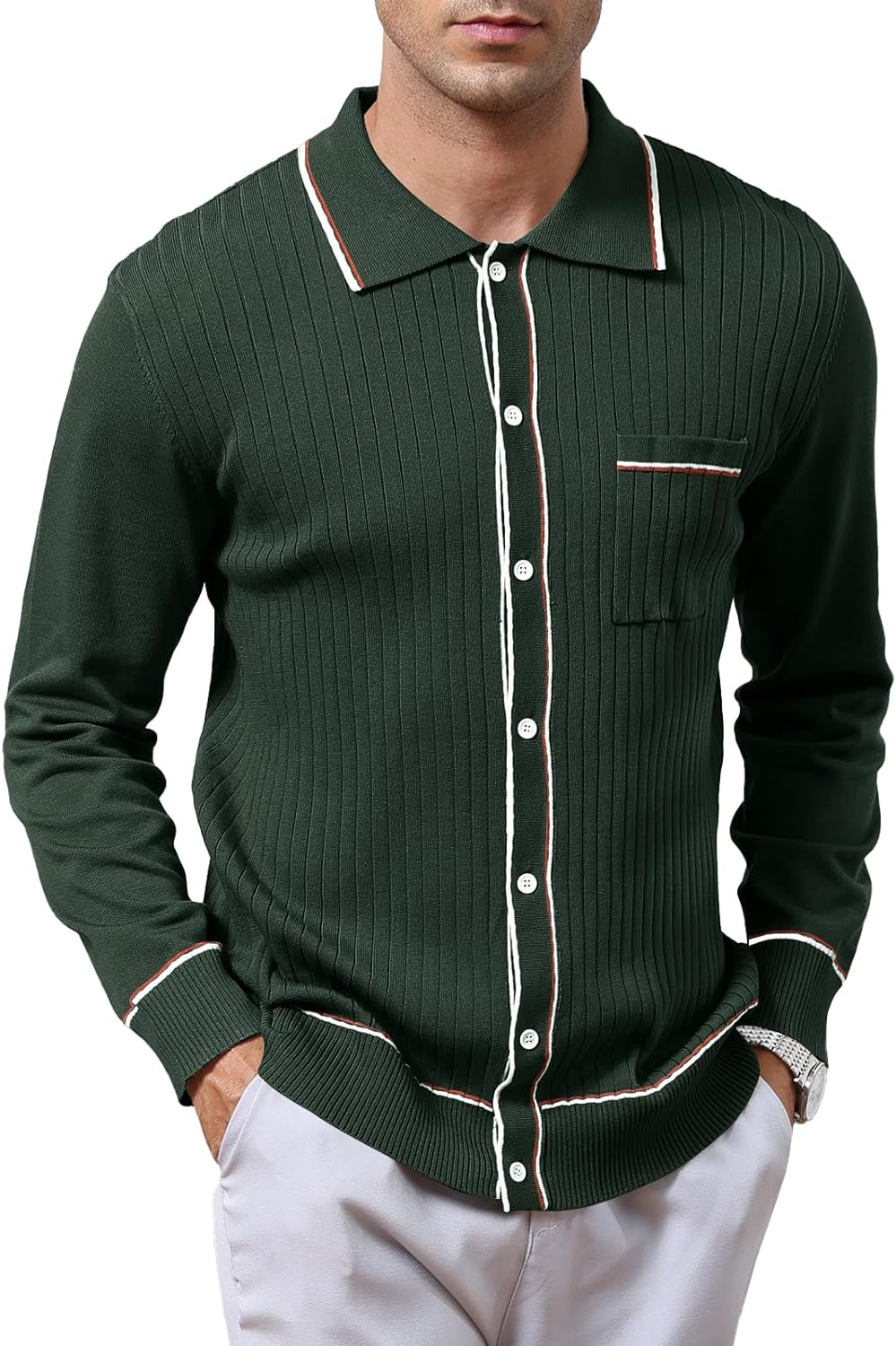Men's Vintage Knit Polo Shirts Long Sleeve Striped Button Down Shirt Knitted Cardigan Sweaters