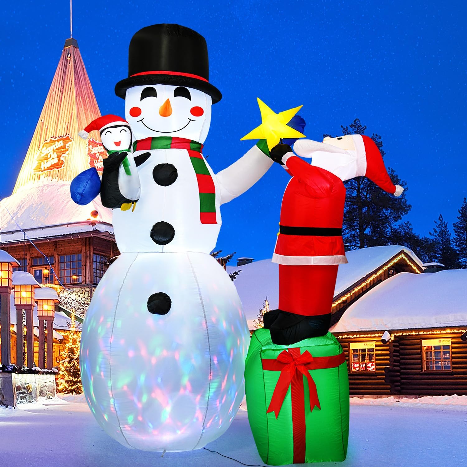 7.6 FT Christmas Inflatables Outdoor Decorations, Keten Blow Up Inflatable Snowmen with RGB Lights Santa with Star Penguin for Xmas Decor Yard Indoor Outdoor Patio Garden Lawn Holiday Party