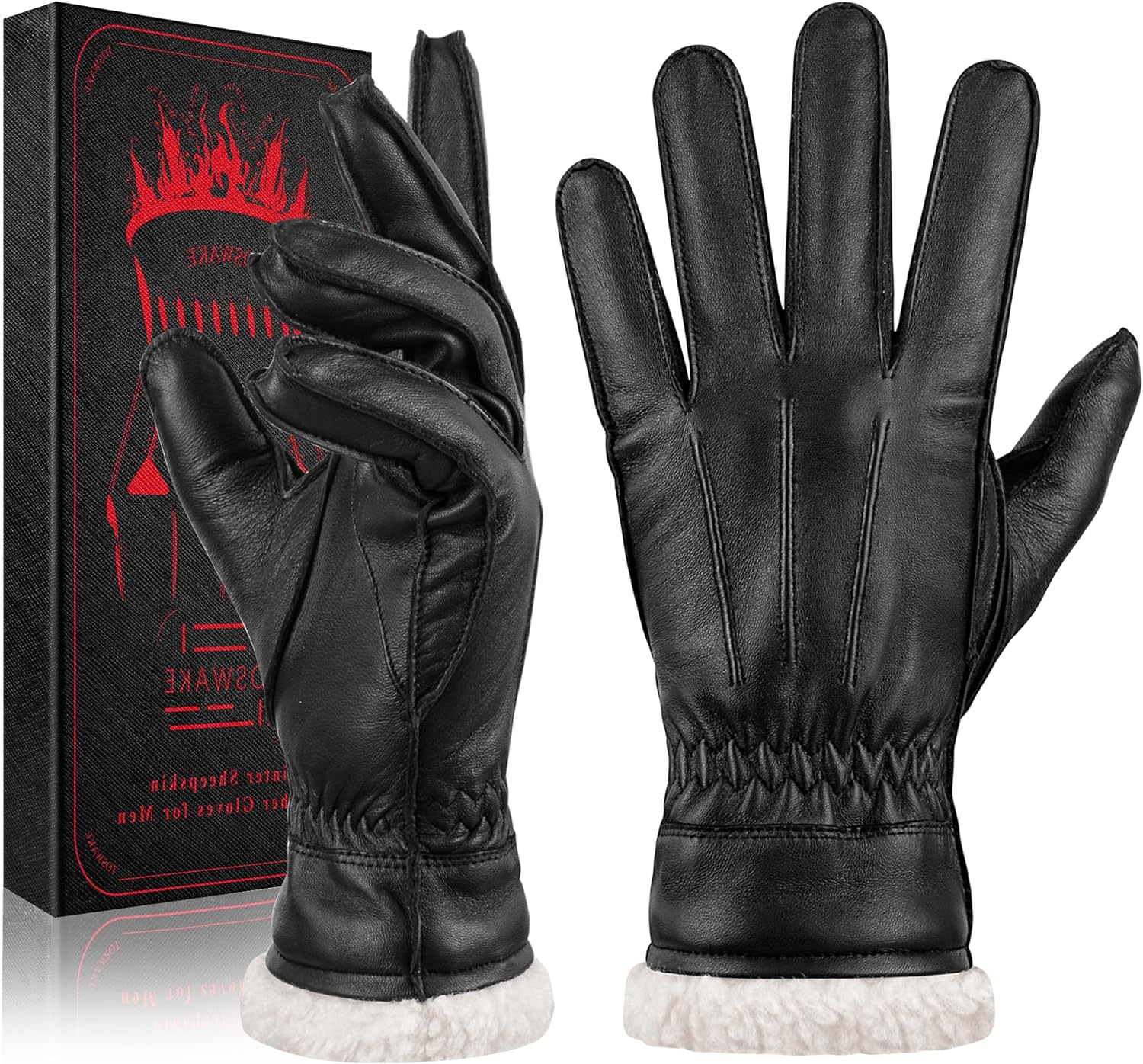TOSWAKE Leather Gloves for Men Genuine Lambskin, Gloves for Men Warm Wool Lined Anti-Slip, Winter Gloves Touchscreen Driving