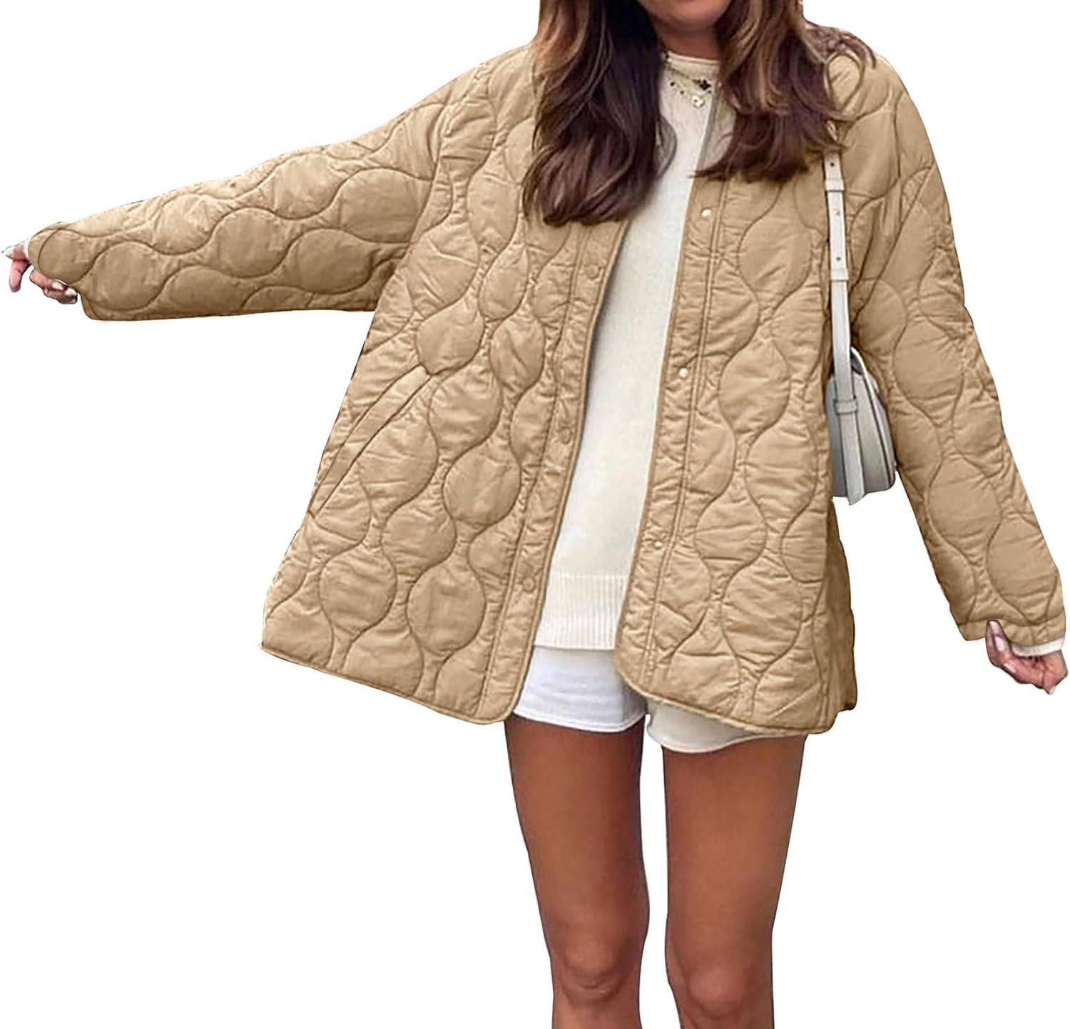 PRETTYGARDEN Women's Fall Fashion Quilted Bomber Jacket Casual Oversized Button Down Coat Outerwear