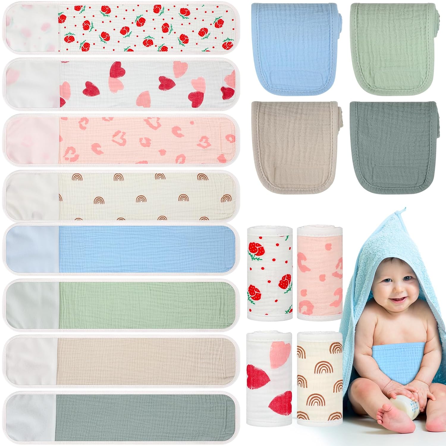 Vabean 8 Pcs Baby Infant Umbilical Cord Comfort Cotton Belly Band with 4 Colors and 4 Prints, Adjustable Muslin Baby Umbilical Belt for Protection Abdomen Baby Infant Newborn Gifts 0 To12 Months