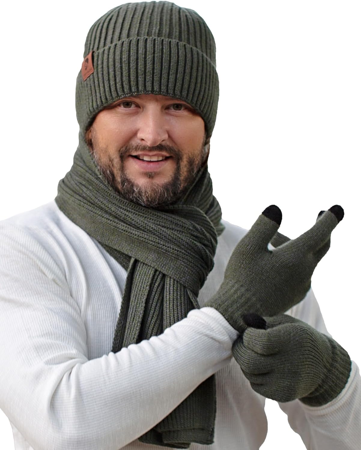 Winter Knit Beanie Hat Warm Long Scarf Touchscreen Gloves Set for Men Women Fleece Lined Skull Caps