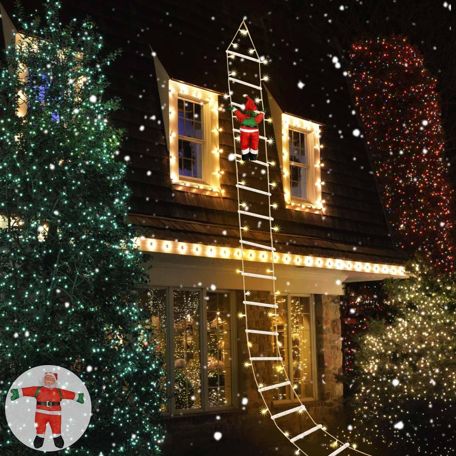 10FT Large Christmas Decoration Outdoor/Indoor, Warm White Christmas Ladder Lights with Santa Claus, Christmas Decorations Lights for Window, Home, Wall, Christmas Tree Decor (Warm White)