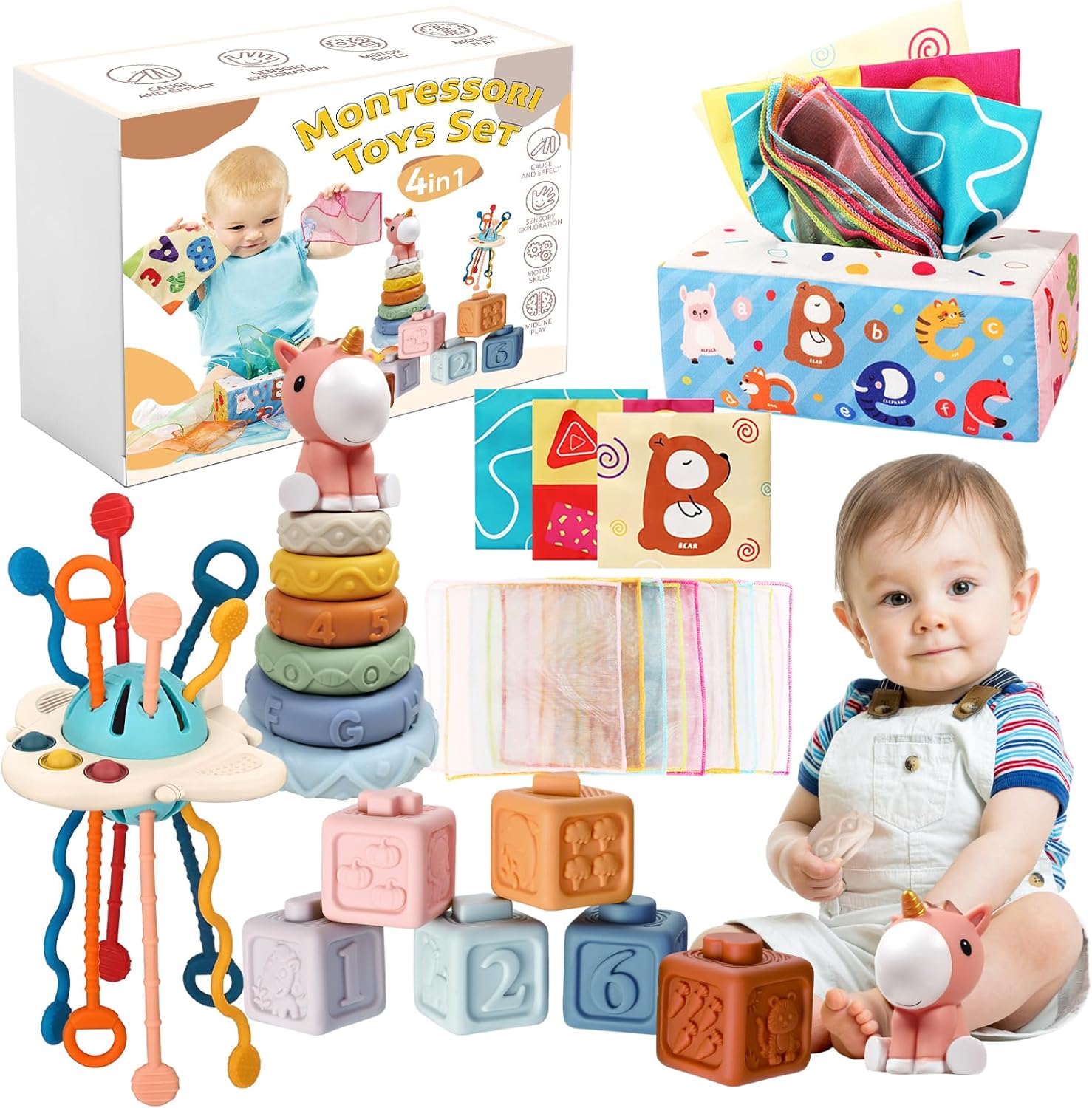 FEBALHS Montessori Baby Toys for 6+ Month Old, 4 in 1 Montessori Toys 6 to 12 Months with Baby Stacking Toys, Baby Sensory Toys, Pull String Toys for 1 Year Old Boy Girl Infant Toddler Toys Gifts