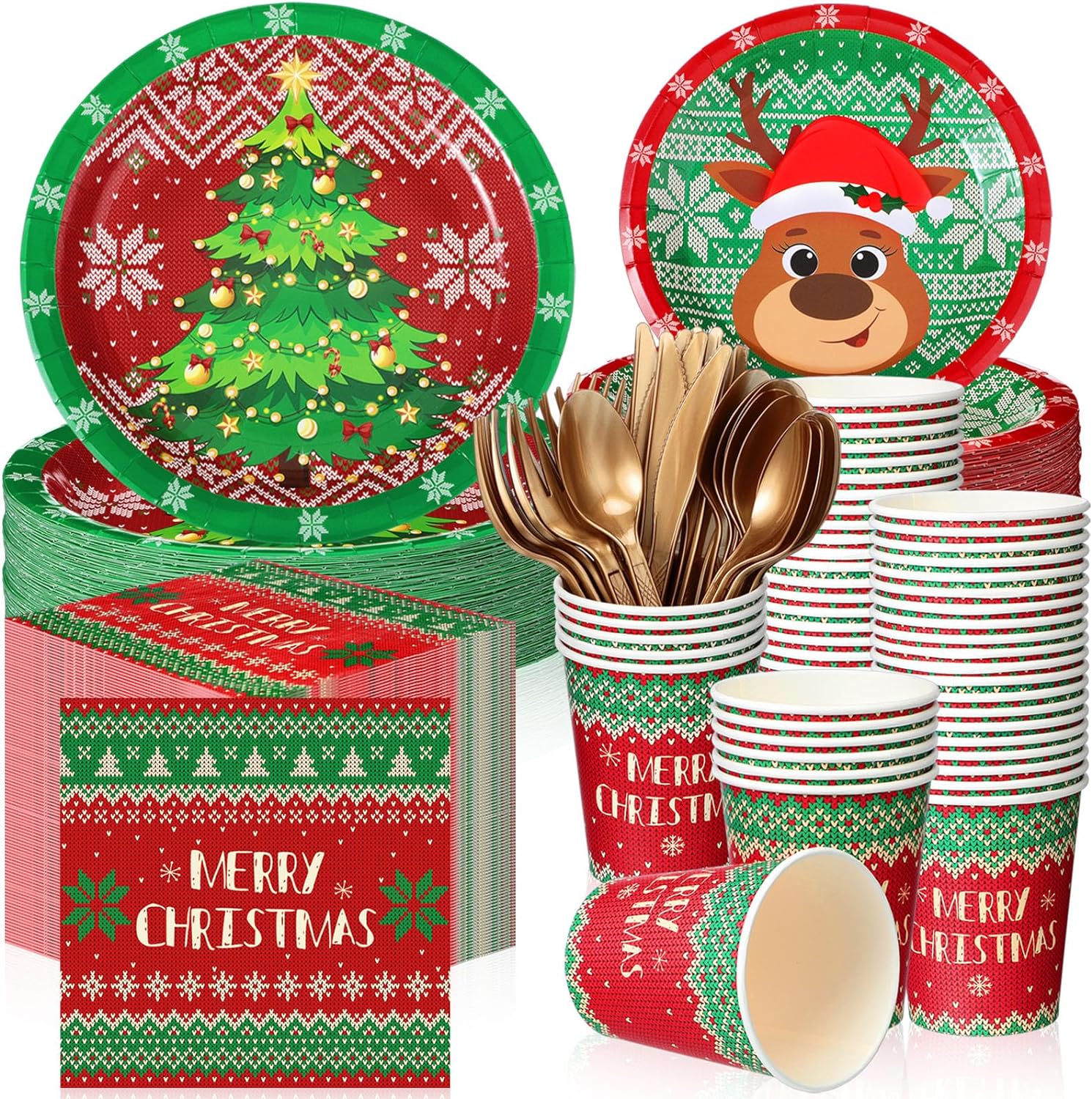 Yaomiao 240 Pcs Xmas Ugly Sweater Party Supplies Tacky Sweater Plates Xmas Party Decoration for Christmas Holiday Tableware Set Plates Napkins Cups Forks for Birthday Xmas Serves 30