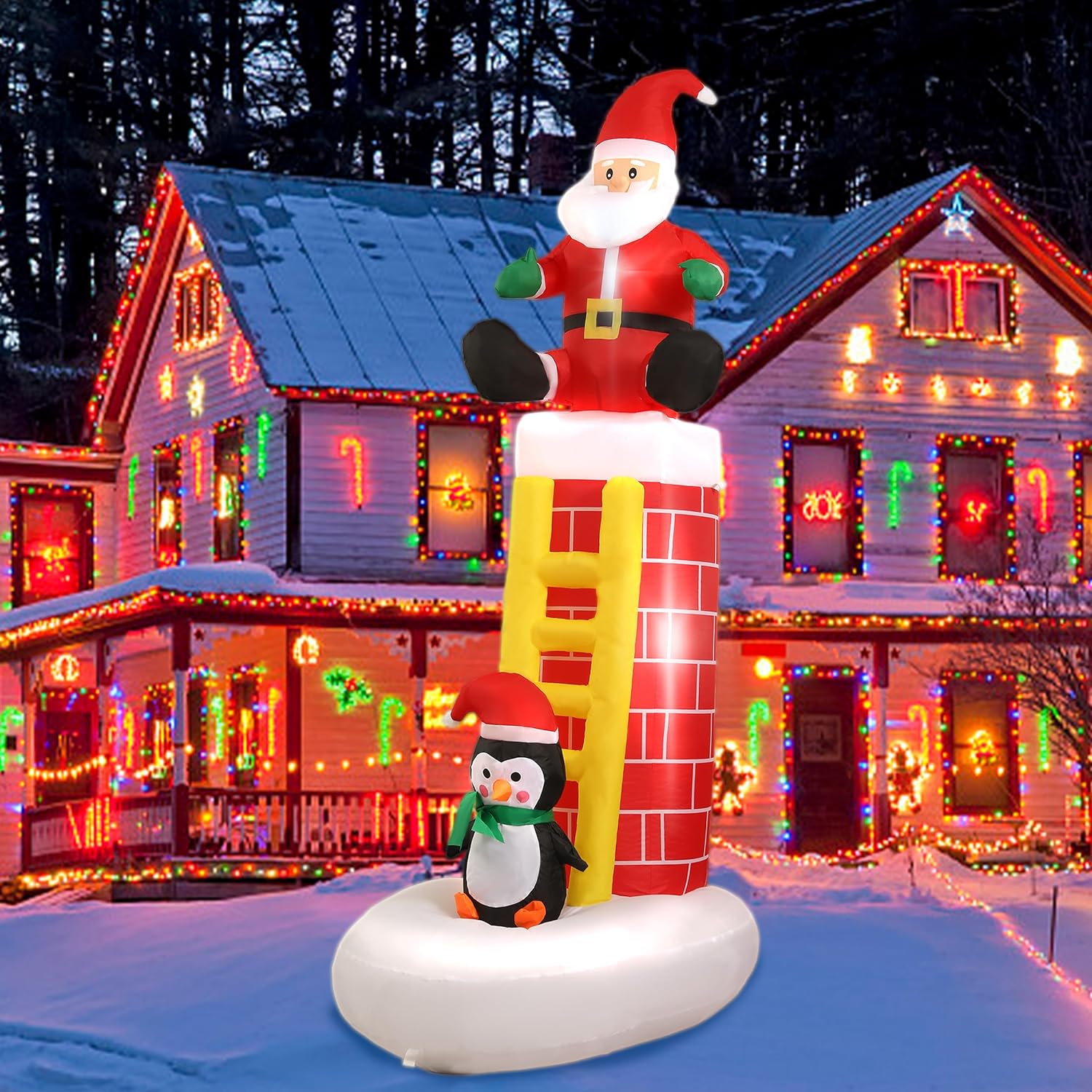 SUNGIFT Christmas Santa Chimney Inflatable, 6 FT Blow Up Santa with Penguin Climbing Ladder, Christmas Blow Up Yard Decorations with LED Lights for Xmas Outdoor Party Decor