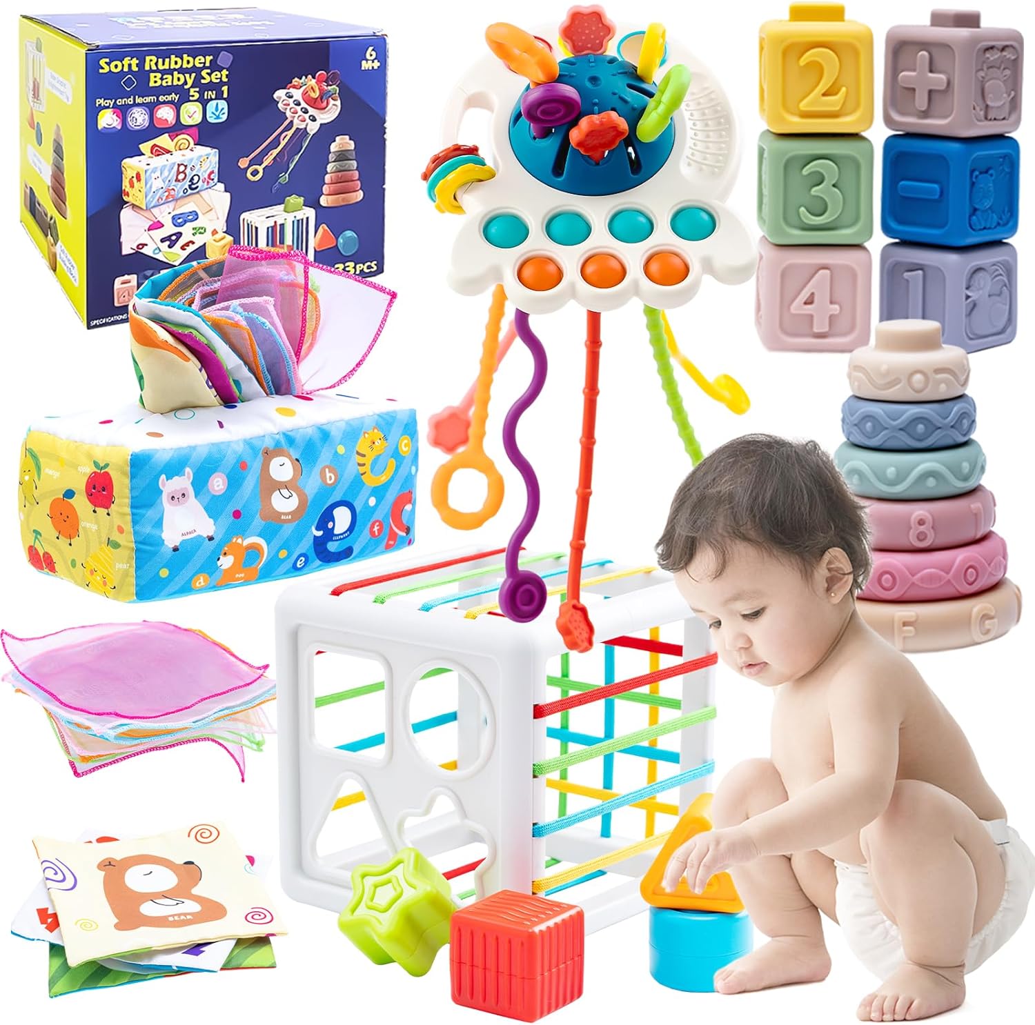 Teieeo 5 in 1 Montessori Toys for Babies 6-12 Months, Baby Toys Including Pull Rope Toys, Soft Blocks, Baby Stacking Toys, Tissue Boxes and Sensory Shape Sorting Toys, Baby Sensory Toys for Baby Gifts