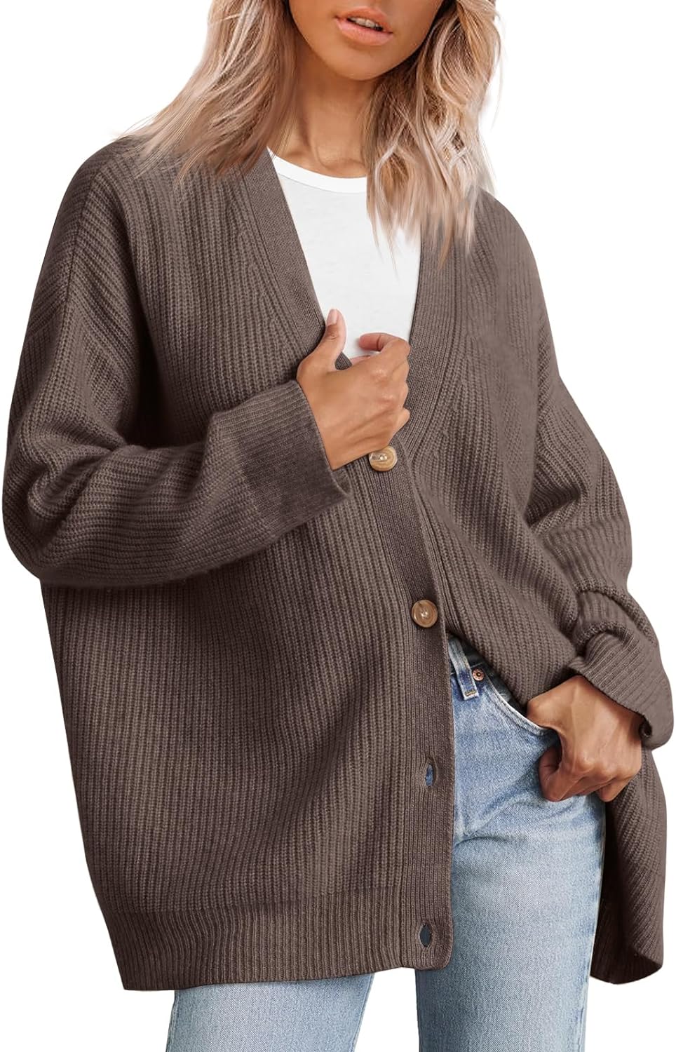 AUTOMET Womens Fall Sweaters Cardigan Open Front Oversized Button Lightweight Cardigans V Neck Loose Knit Outwear