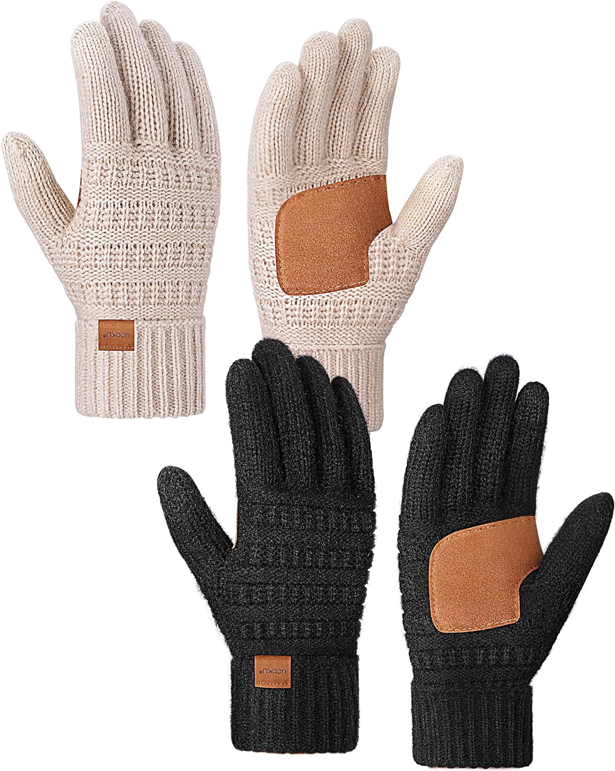 UCQKLI Winter Gloves for Women 2 Pairs, Womens Gloves Touchscreen Wool Knit, Gloves for Women Alpaca Fleece Beanie Matching
