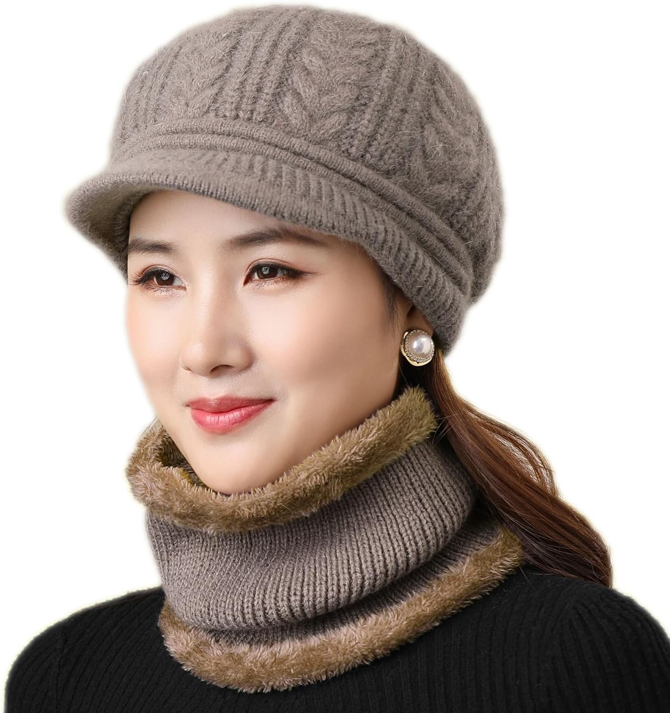 Womens Winter Beanie Hat Scarf,Fleece Lining Warm Knitted Slouchy Beanie Scarf Hats Cap with Visor