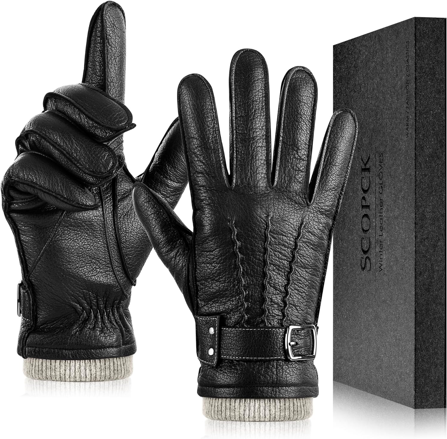Genuine Sheepskin Leather Gloves for Men, Winter Warm Touchscreen Texting Driving Motorcycle Cashmere Lined Gloves