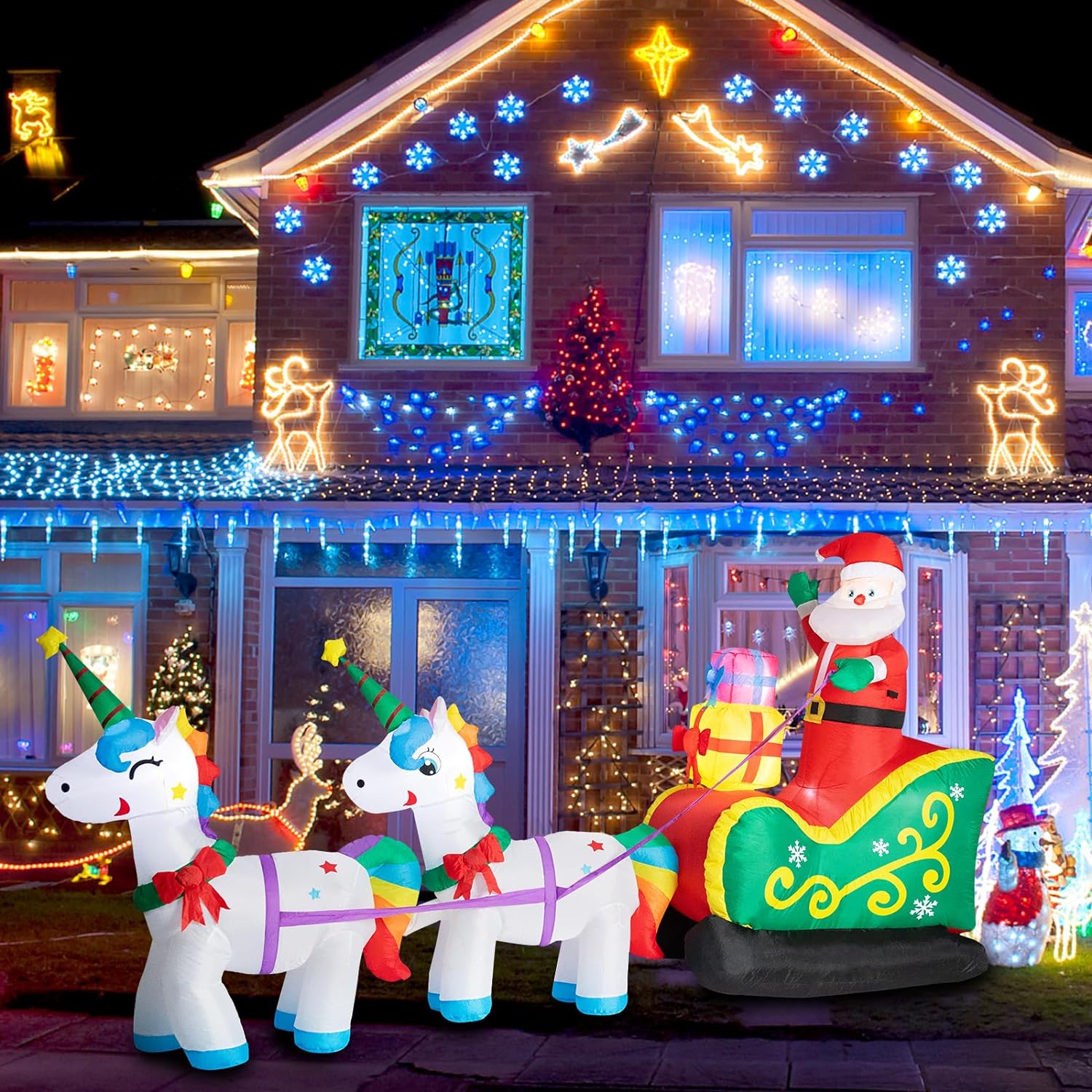 Christmas Inflatables Outdoor Decorations Christmas Inflatables Santa Claus on Sleigh with 2 Unicorn 8.86 FT Christmas Blow up LED Light for Holiday Party Yard Xmas Decor