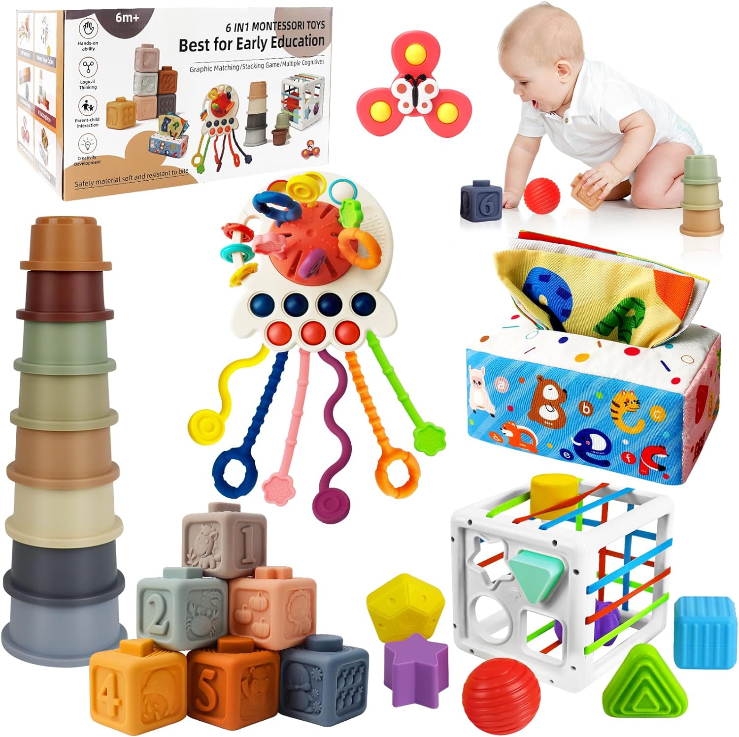 EPOGG 6 in 1 Baby Toys 6 to 12 Months, Montessori Toys for Babies Incl Pull String Toy, Stacking Cups, Tissue Box Toy, Suction Cup Spinner Toy, Stacking Blocks, Activity Cube Gift for Boy Girl