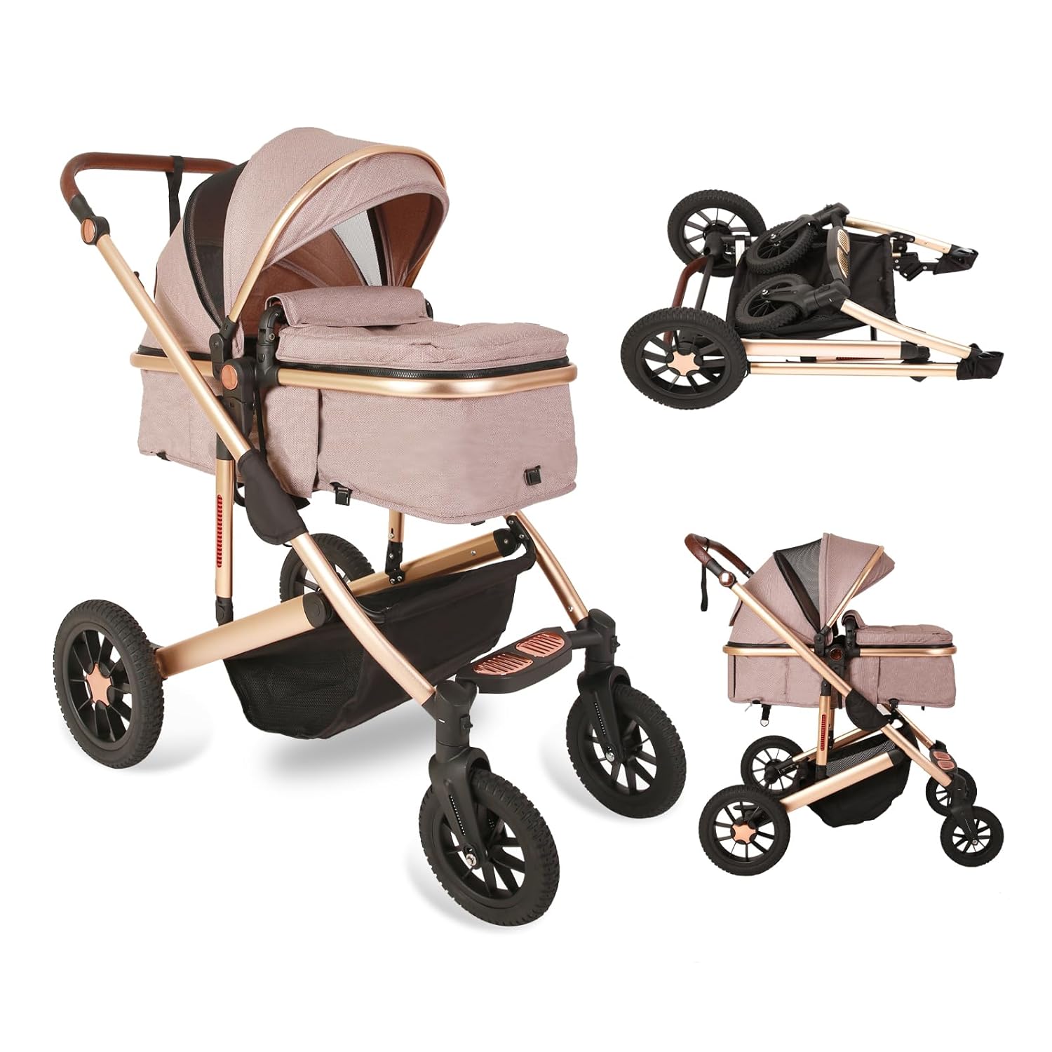 Trenana 2 in1 Baby Stroller,High Landscape Infant Stroller,Reversible Bassinet Stroller,Adjustable Backrest & Canopy,Foldable Aluminum Alloy Anti-Shock Stroller for Newborn (Gold-Khaki)