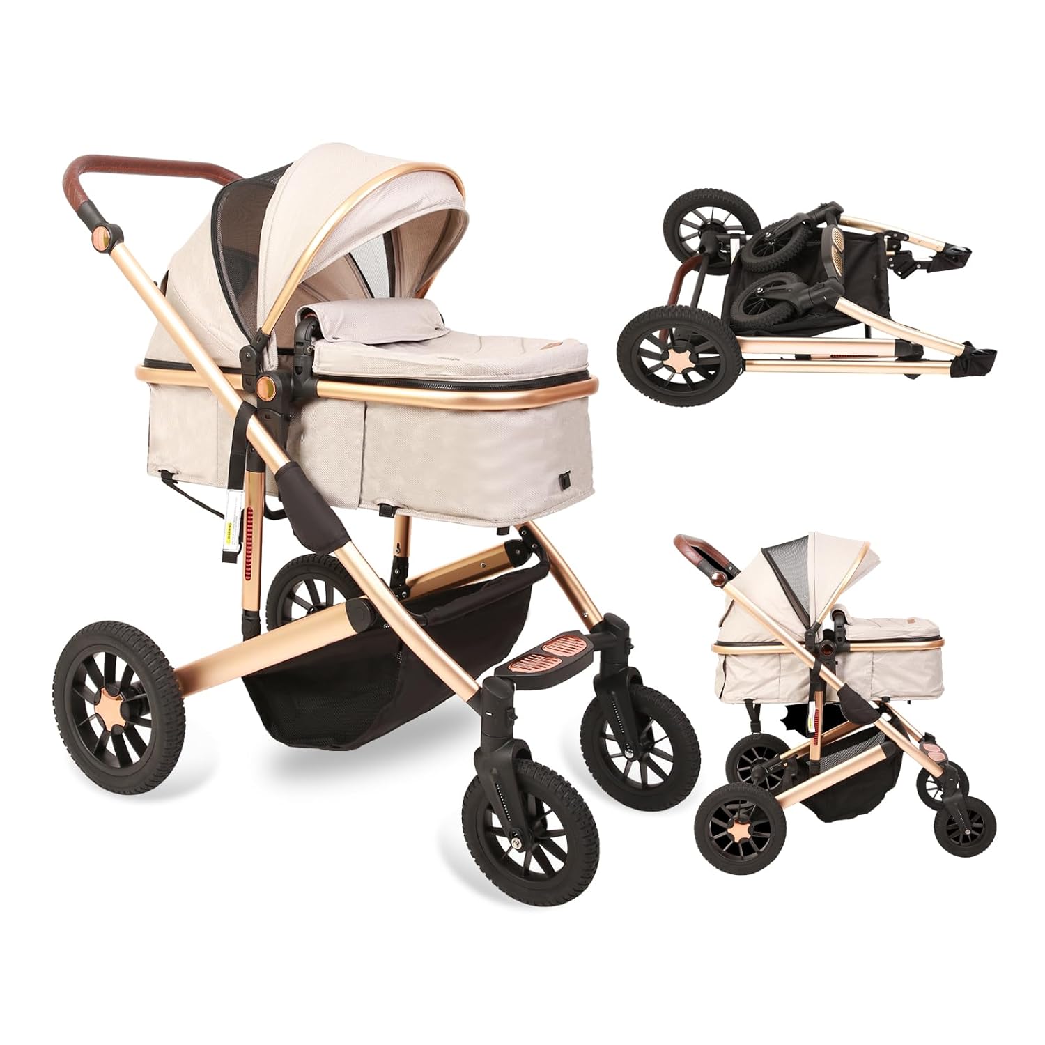 Trenana 2 in1 Baby Stroller,High Landscape Infant Stroller,Reversible Bassinet Stroller,Adjustable Backrest & Canopy,Foldable Aluminum Alloy Anti-Shock Stroller for Newborn(Gold-White)