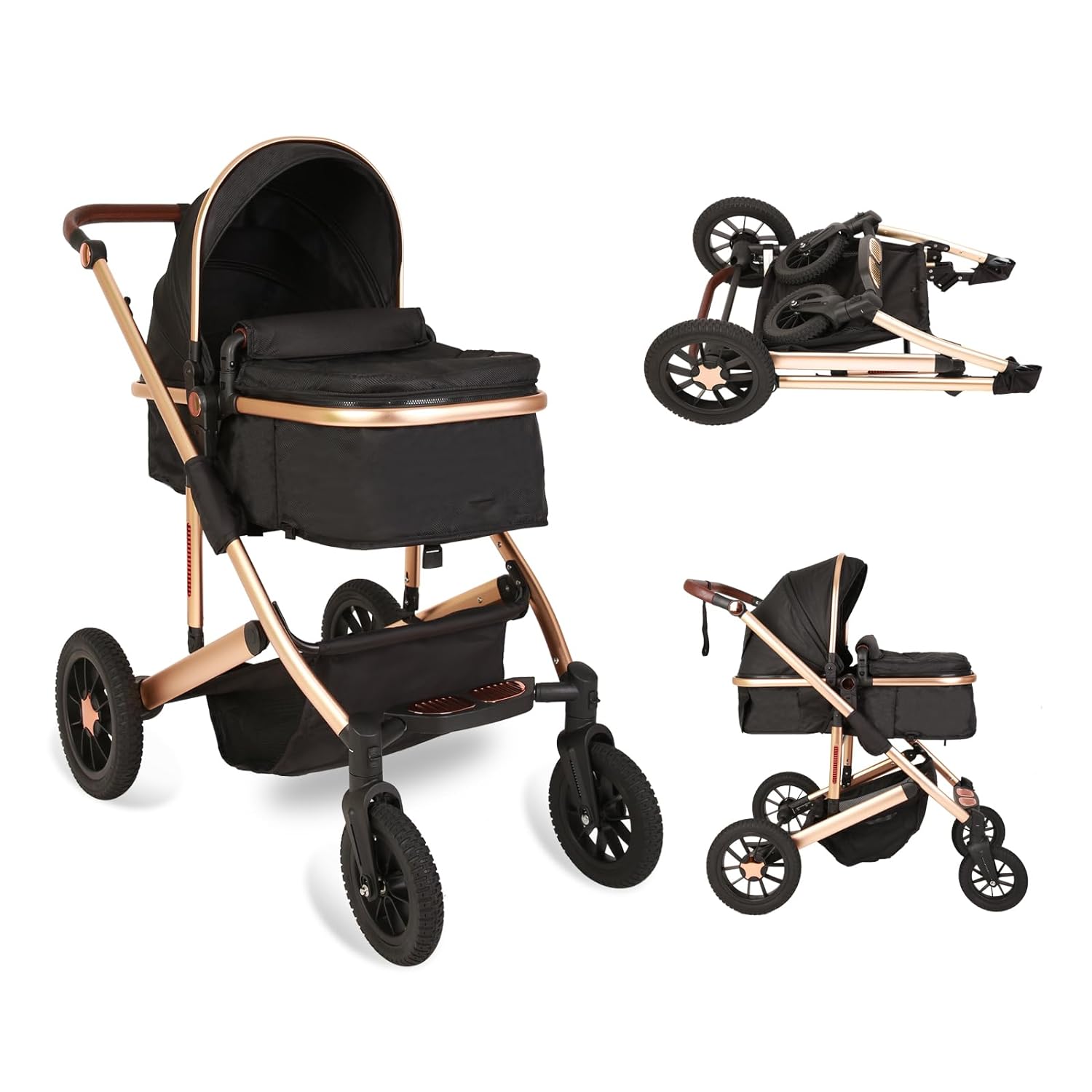 Trenana 2 in1 Baby Stroller,High Landscape Infant Stroller,Reversible Bassinet Stroller,Adjustable Backrest & Canopy,Foldable Aluminum Alloy Anti-Shock Stroller for Newborn (Gold-Black)