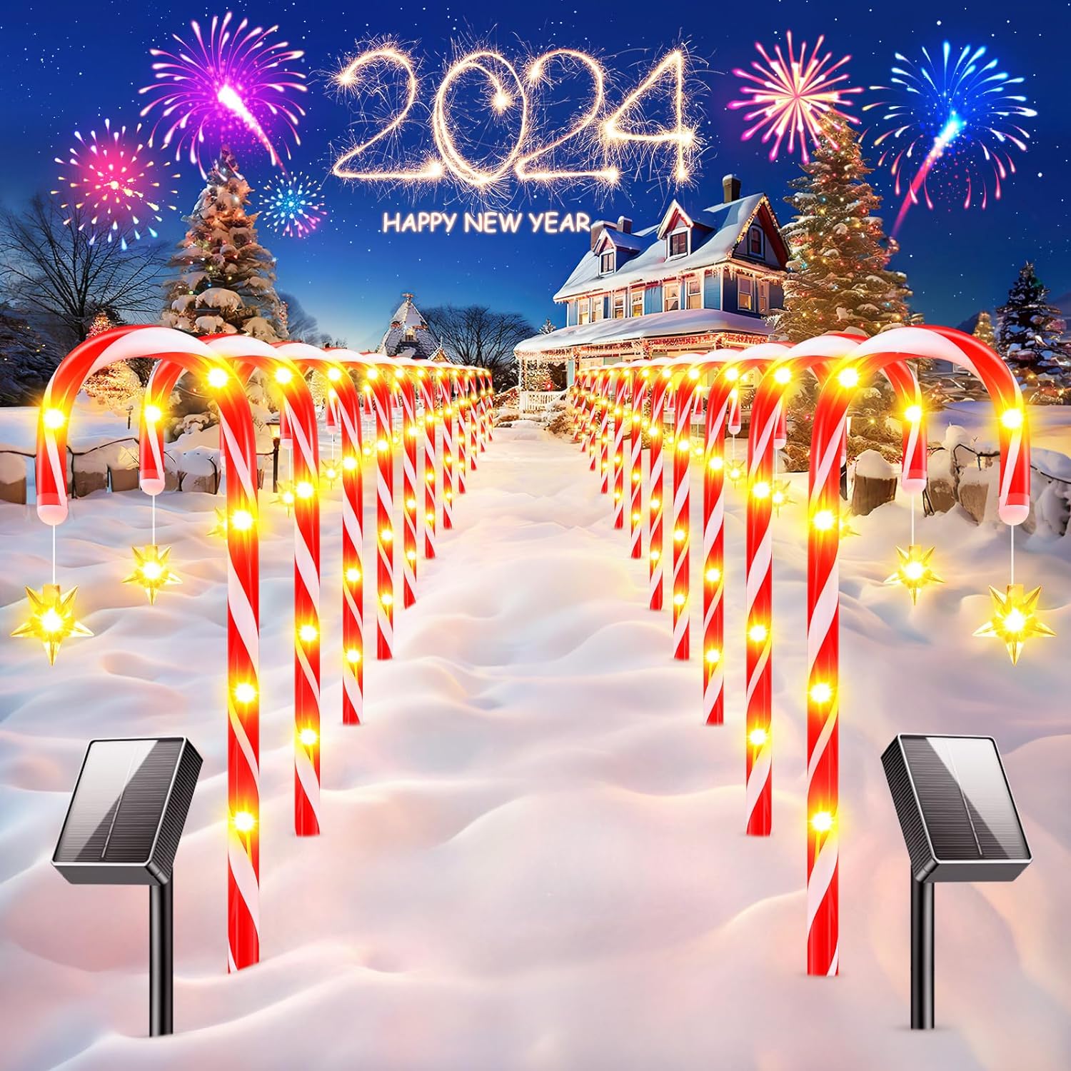 KOOPER 24 Pack Christmas Decorations Outside, Set of 12 Larger Solar Candy Cane Christmas Decorations Outdoor Yard with 8 Modes and 144 Bright LED, Waterproof Candy Cane Lights Outdoor Pathway