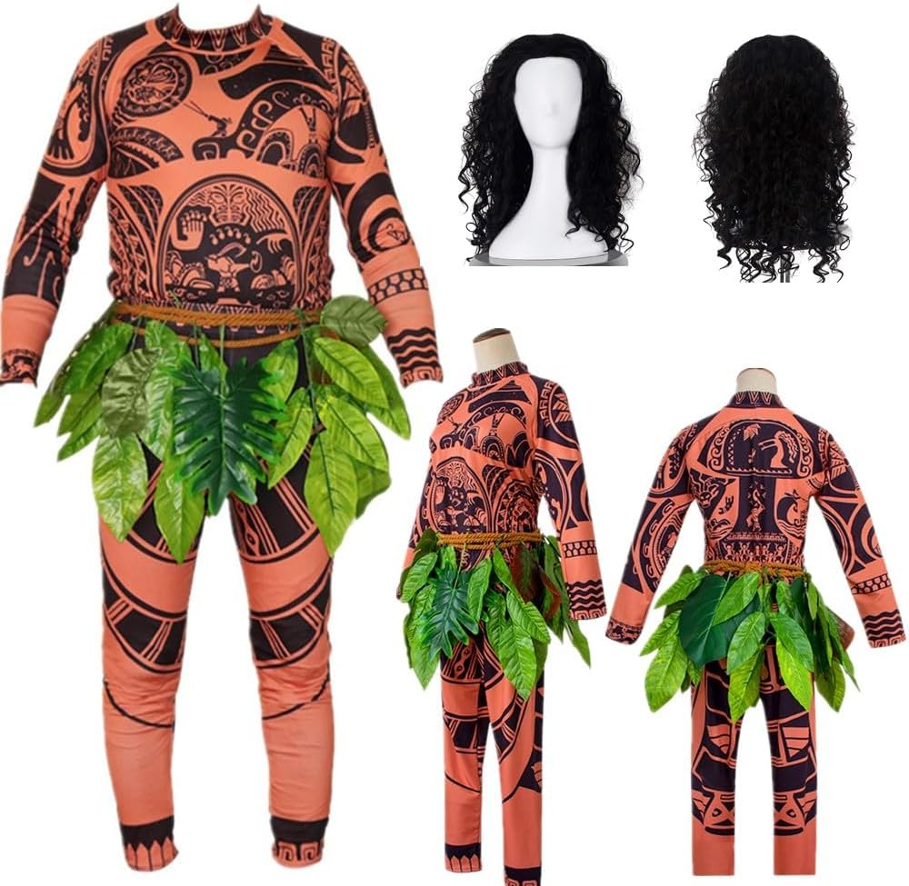 NRIION Tattoo T-Shirts Pants Adult Men's and Women's Cosplay Suits Clothing With Leaf Skirts