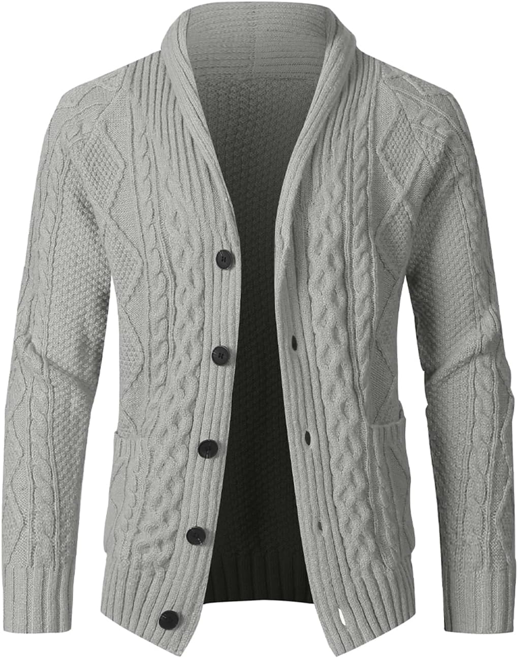 JMIERR Mens Casual Cardigan Sweaters Long Sleeve Shawl Collar Button Down Cable Knit Coat with Pockets
