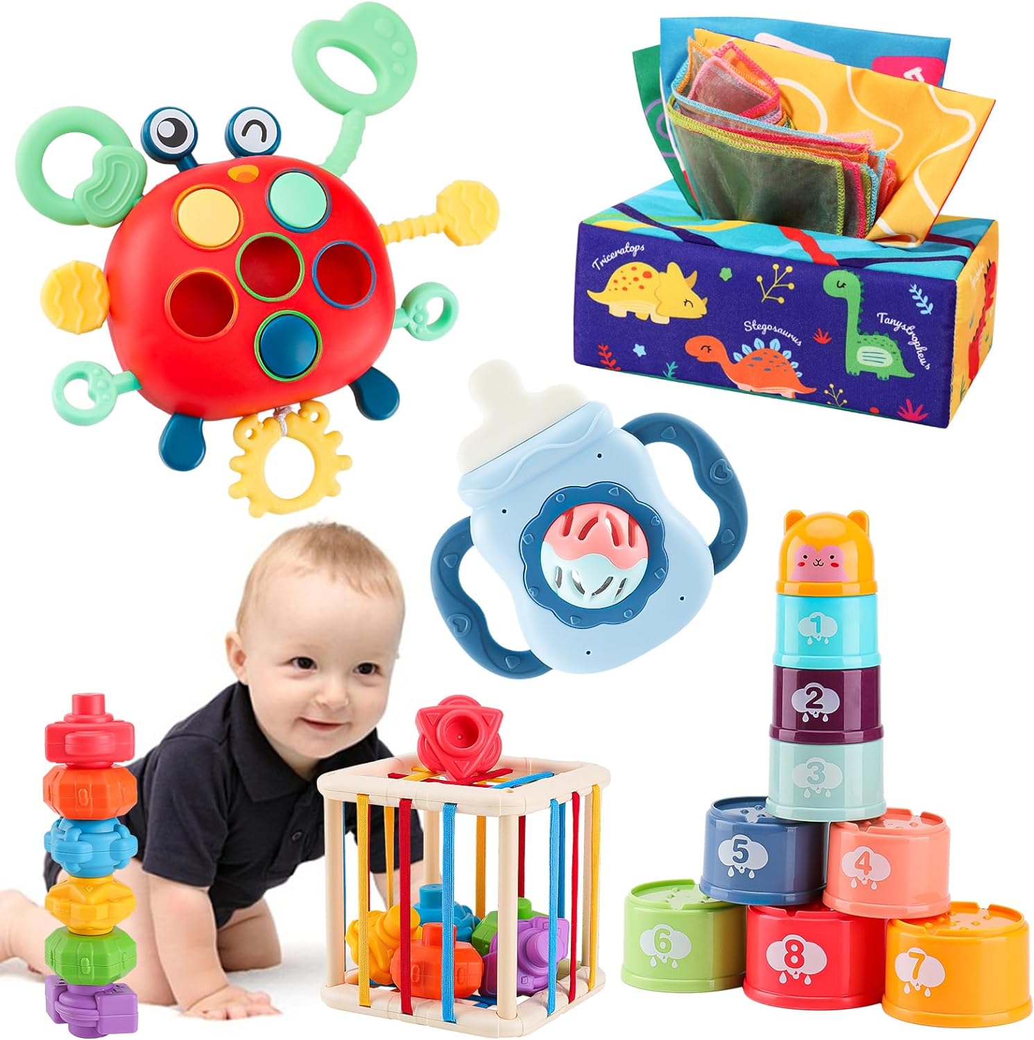 KADAYAYA Montessori Toy for 1 2 3 Year Old Baby，Teether Rattle Toy Tissue Box Pull String Crab Toy， Infant Sensory Toys Shape Storage Bin， Stacking Cup Toy Gift for Toddlers Boys Girls 6 12 18 Months