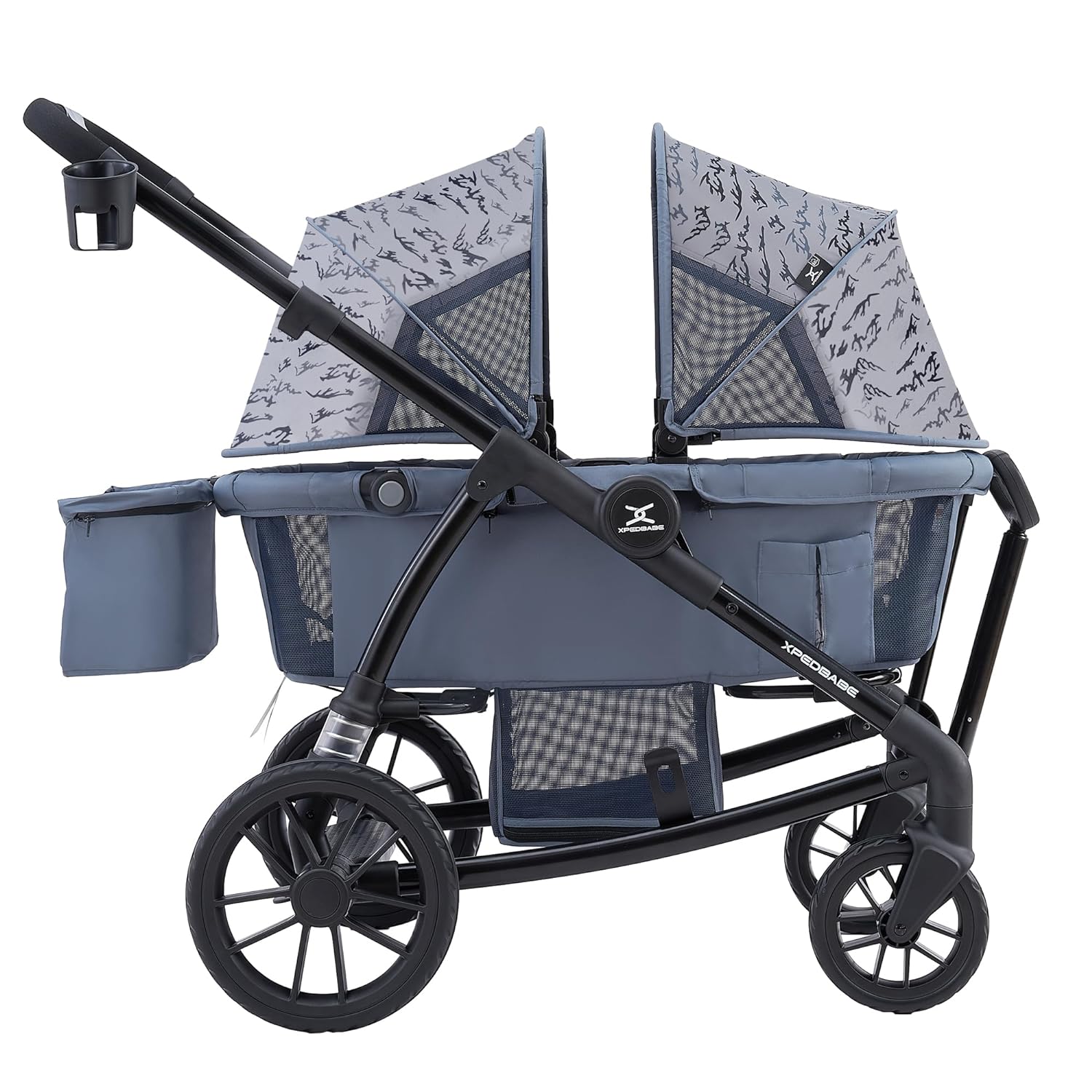 Xped Babe All-Terrain Wagon Stroller for Two Kids, Double Stroller with Push or Pull Handle, Canopy, Storage Basket, Dinner Plate, Oversized Damping Wheels, Mosquito Net and Rain Cover（Blue）