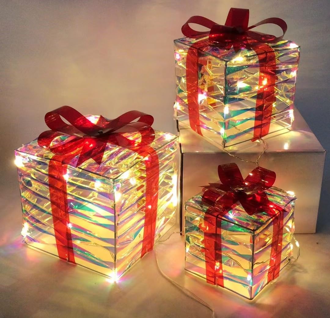 Set of 3 Lighted Gift Boxes Christmas Decorations, 48 LED Transparent Lighted Boxes, Christmas Home Gift Box Decorations